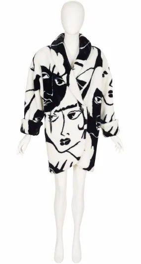 1980s Face Print Faux Fur Oversized Coat