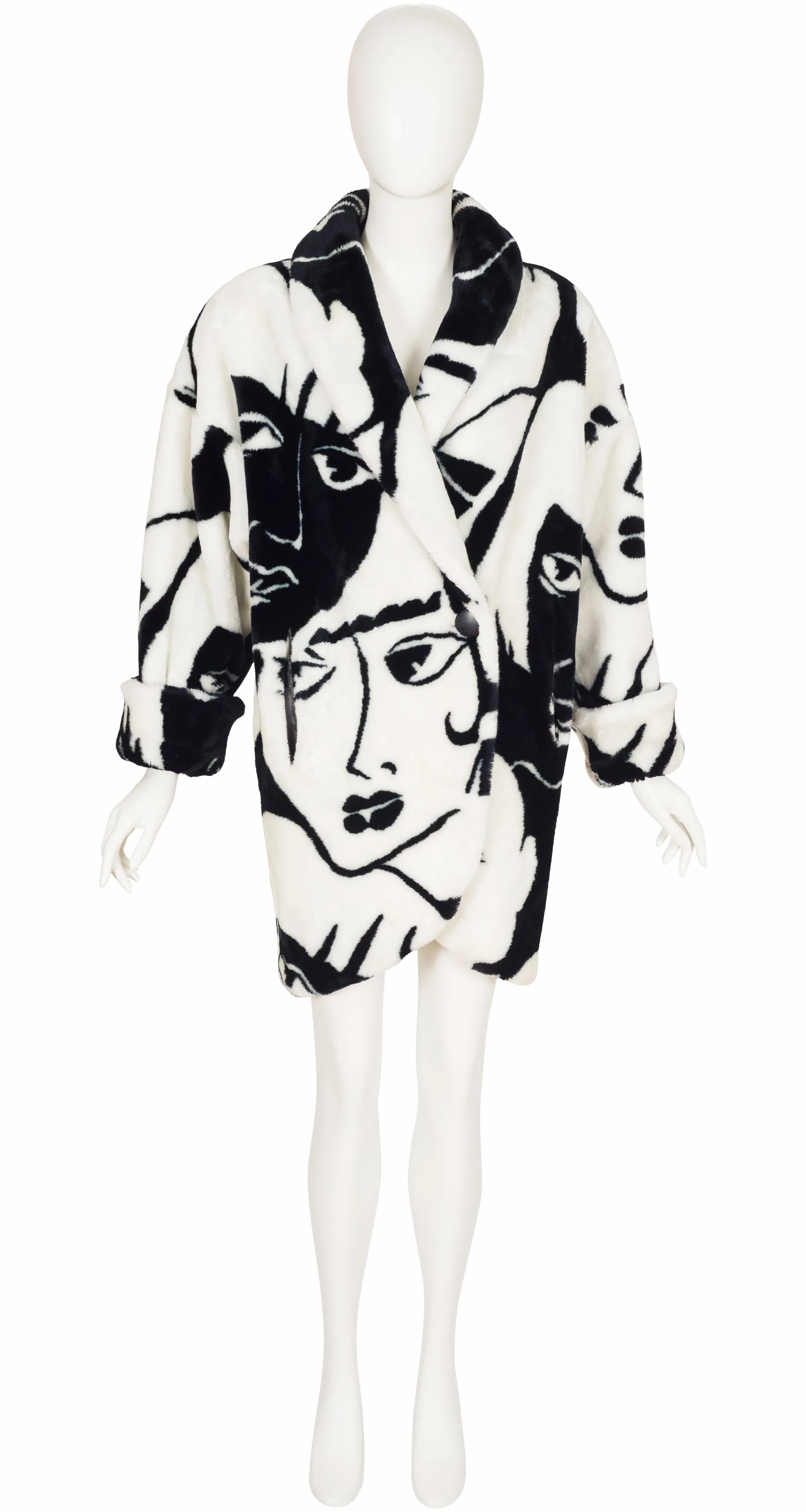 1980s Face Print Faux Fur Oversized Coat