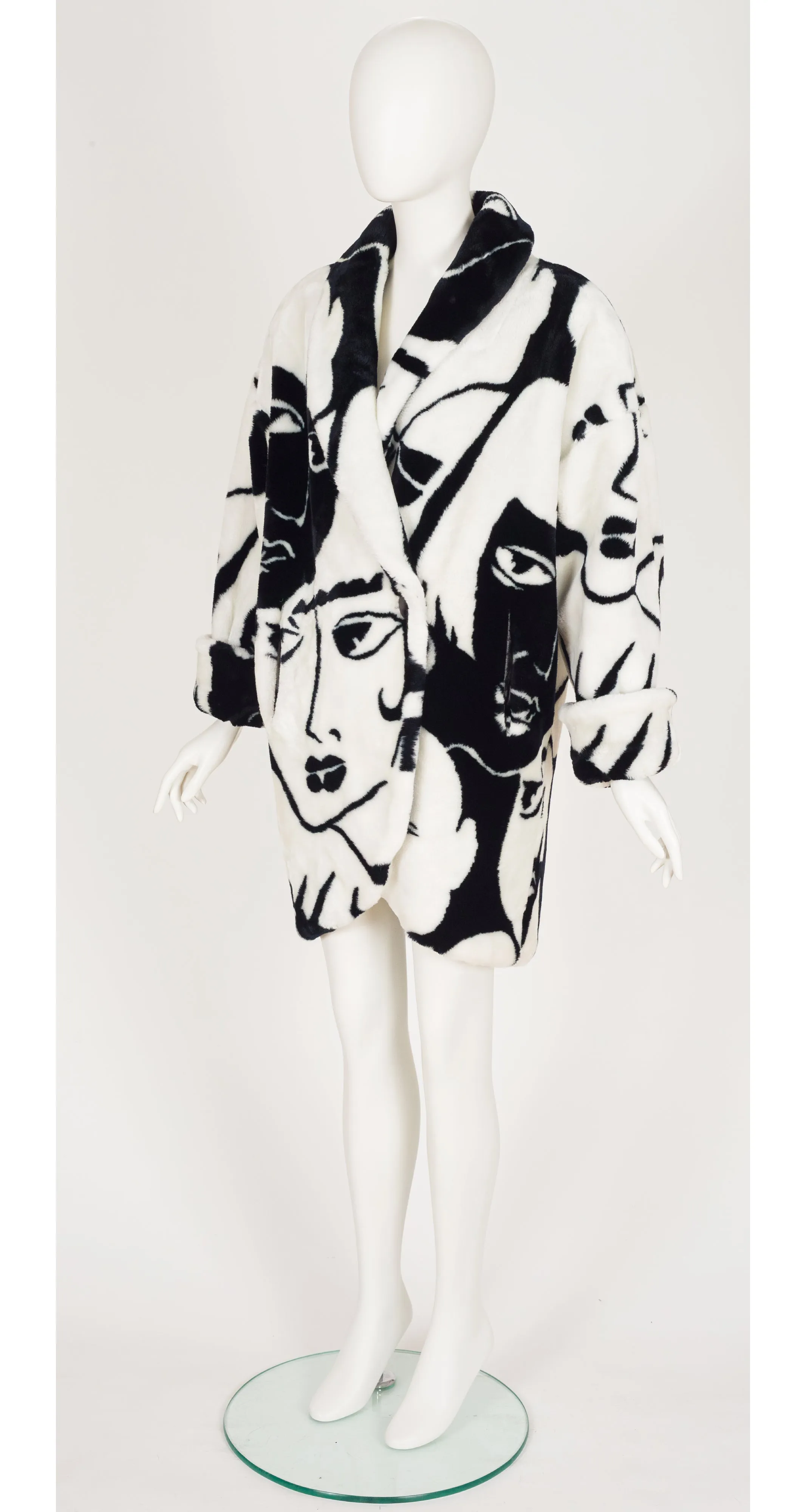 1980s Face Print Faux Fur Oversized Coat