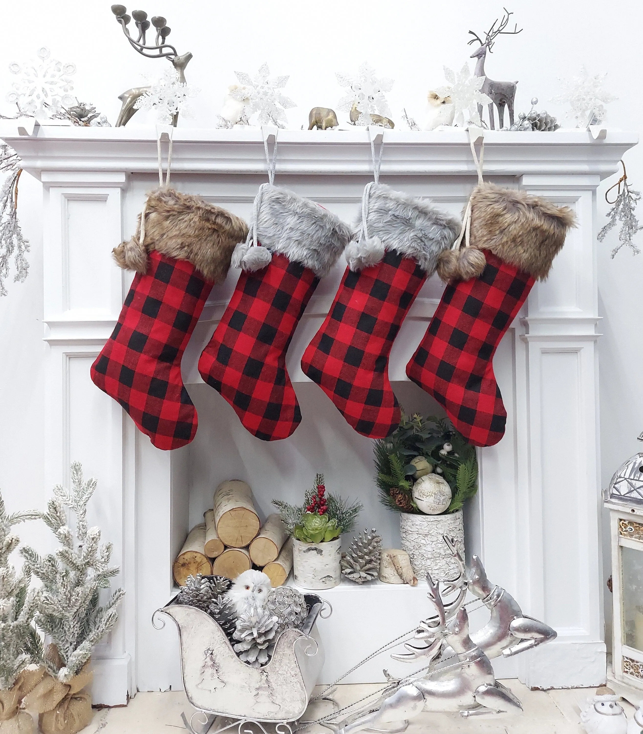 19" Buffalo Plaid Brown & Grey Faux Fur Christmas Stockings | Red Black Check Cabin Farmhouse Outdoorsmen Personalized  Family Name Tag Wood