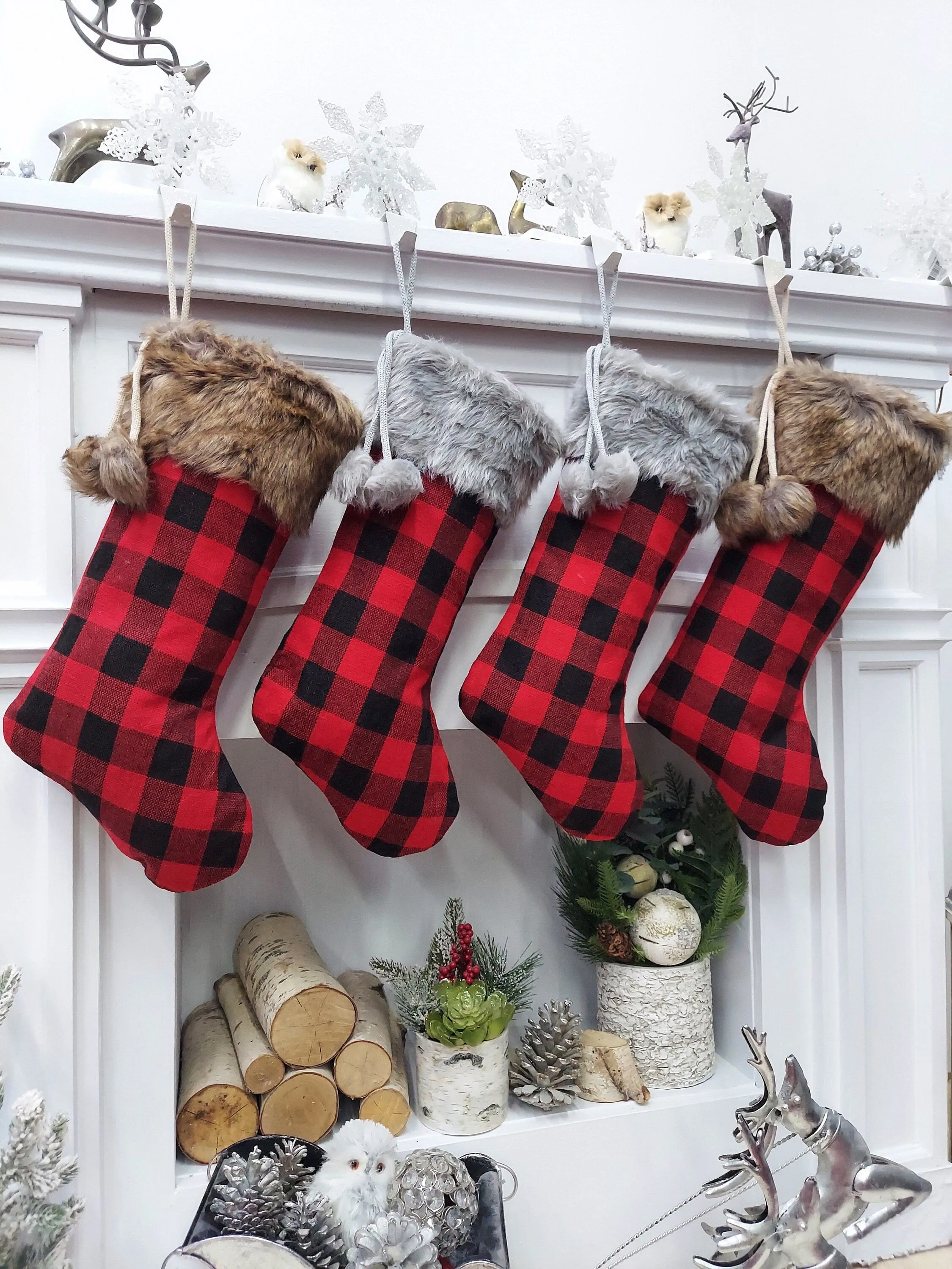 19" Buffalo Plaid Brown & Grey Faux Fur Christmas Stockings | Red Black Check Cabin Farmhouse Outdoorsmen Personalized  Family Name Tag Wood