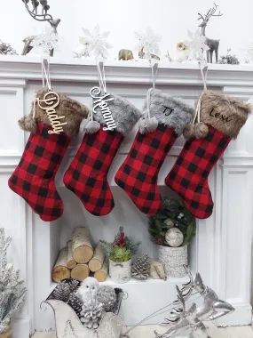 19" Buffalo Plaid Brown & Grey Faux Fur Christmas Stockings | Red Black Check Cabin Farmhouse Outdoorsmen Personalized  Family Name Tag Wood