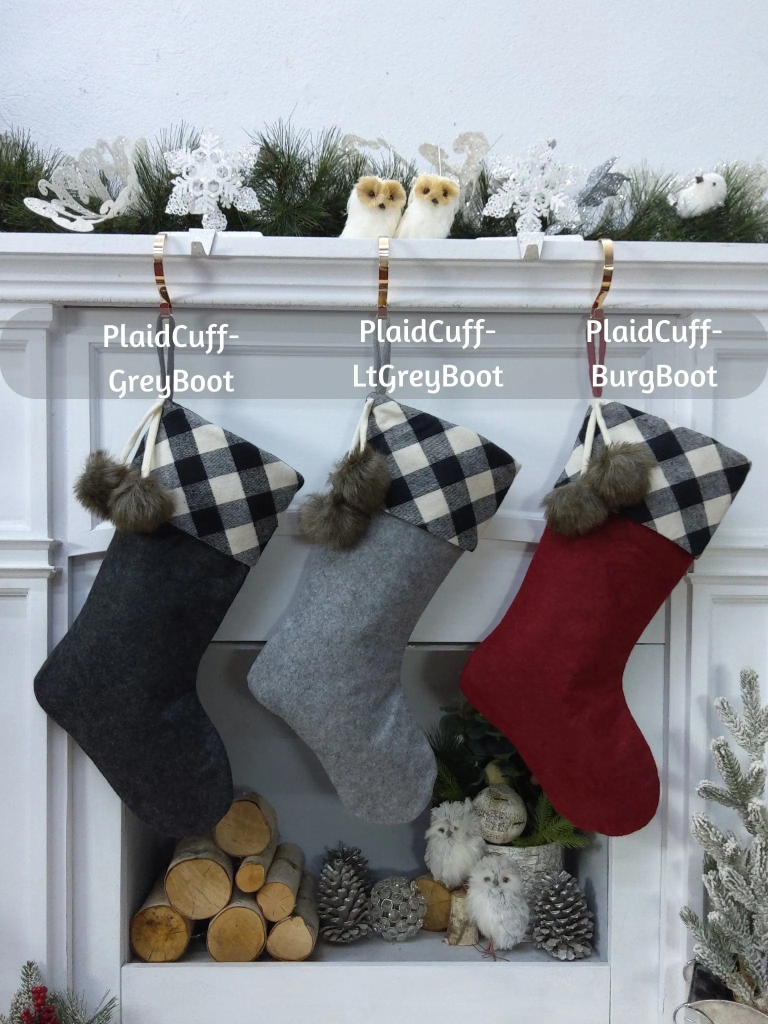 20 Inch Buffalo Plaid Check Cuff Personalized Embroidered or with Cutout Wood Name Tag Christmas Stockings Family Xmas