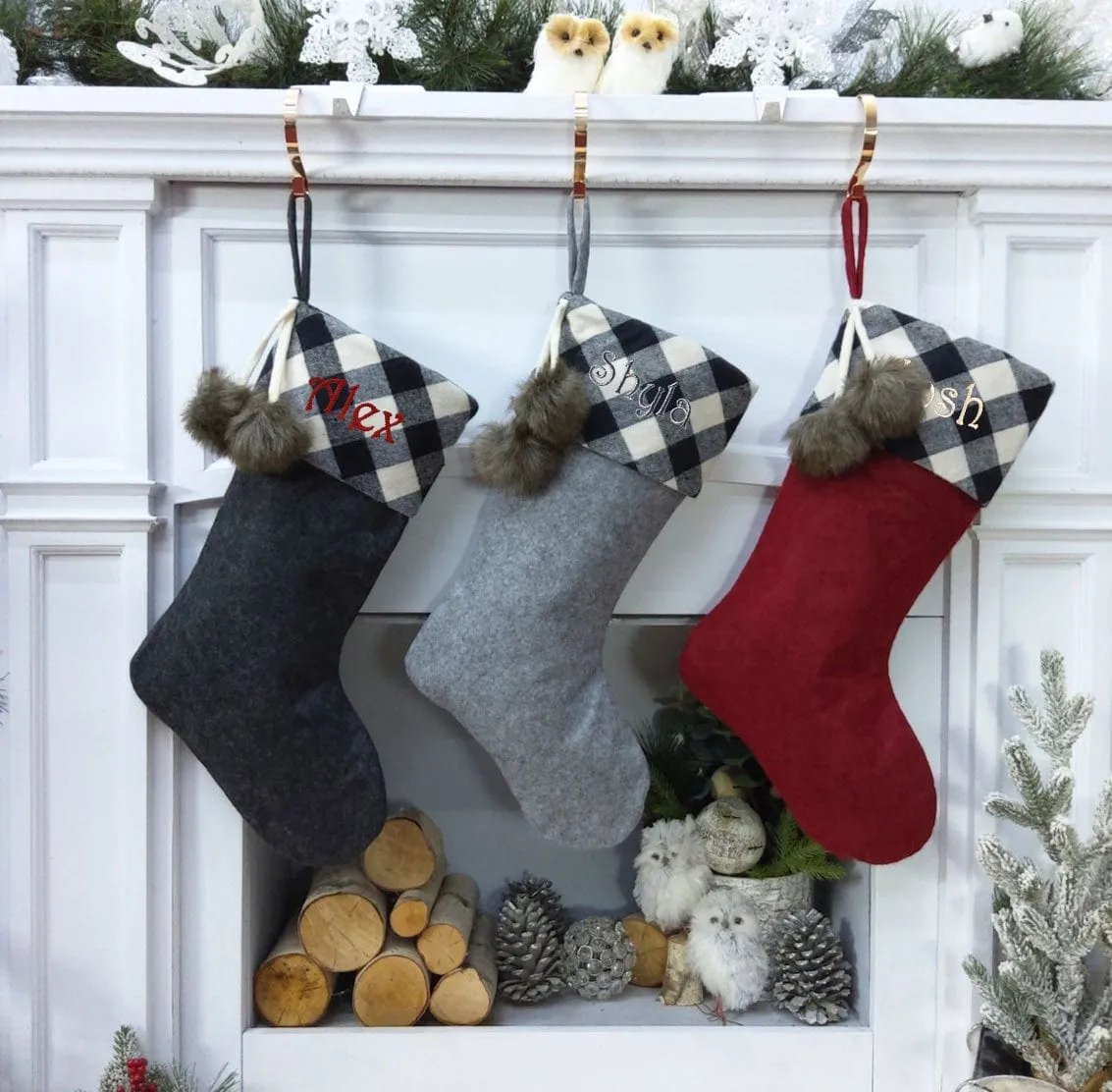 20 Inch Buffalo Plaid Check Cuff Personalized Embroidered or with Cutout Wood Name Tag Christmas Stockings Family Xmas