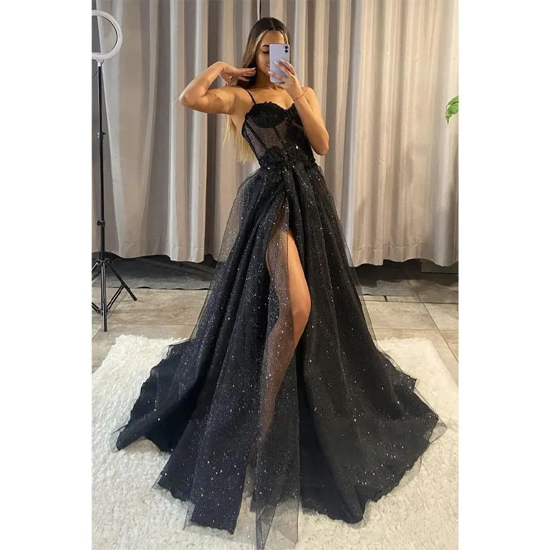 A-line Sweetheart Lace Appliques Sparkly Prom Dress with Slit
