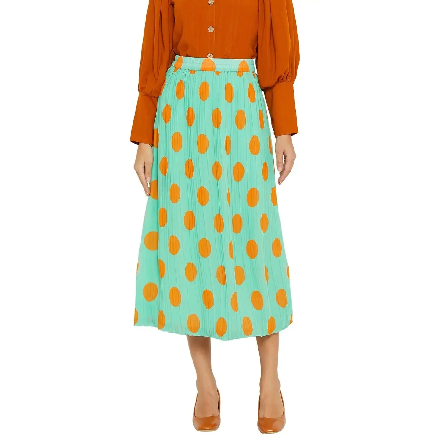 Adults-Women Sea green Pleated Polka Dot Skirt