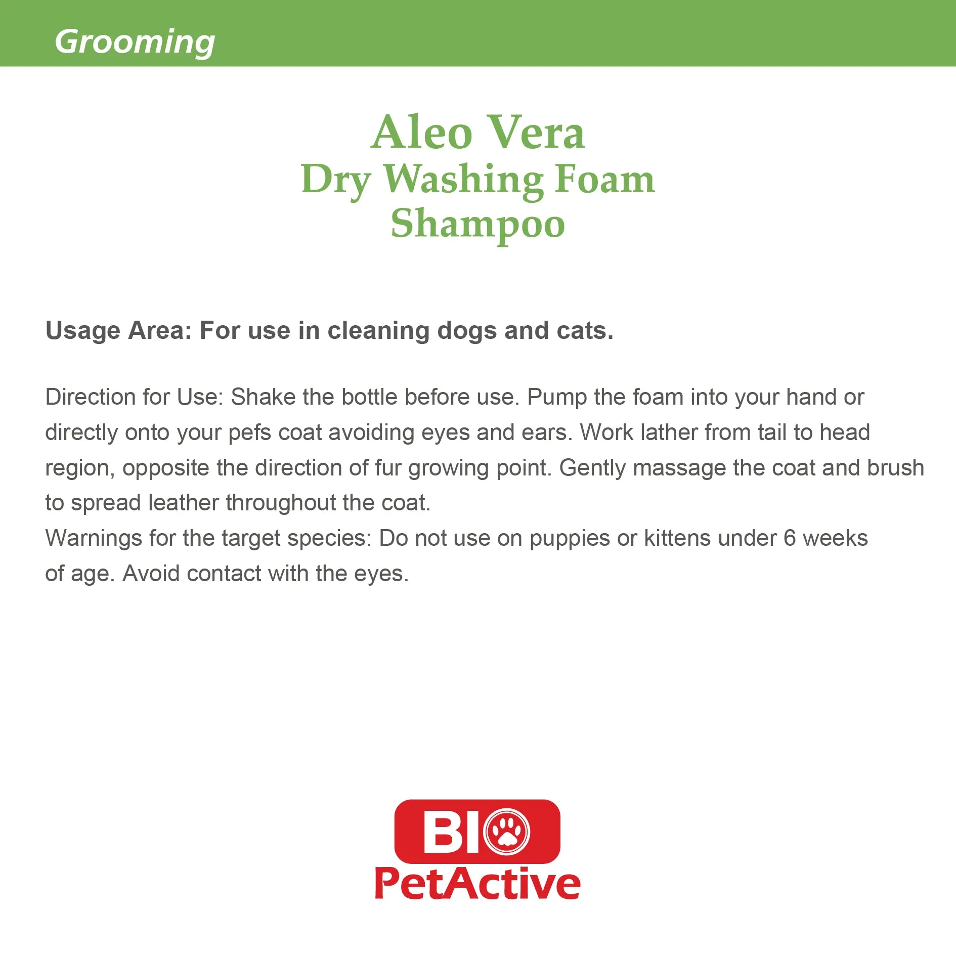 ALOE VERA DRY WASHING FOAM SHAMPOO FOR DOG