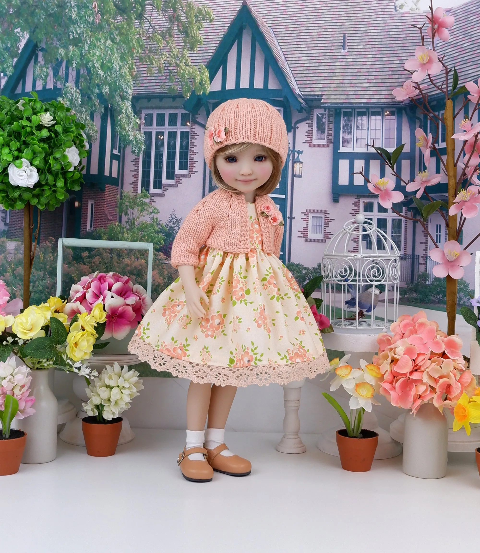 Apricot Floral - dress and sweater set with shoes for Ruby Red Fashion Friends doll