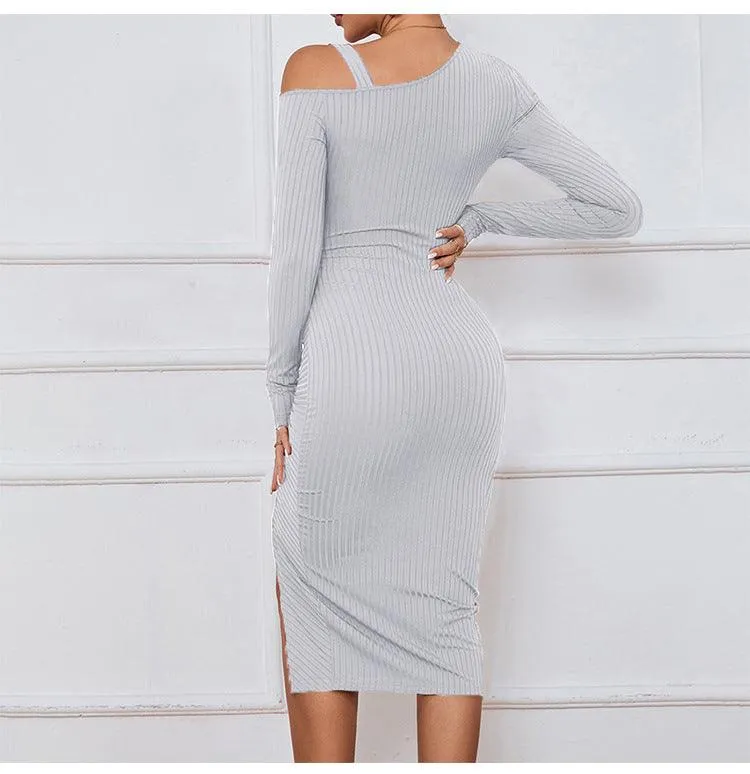 Asymmetric Off-Shoulder Ruched Dress - Slim Fit Fall/Winter