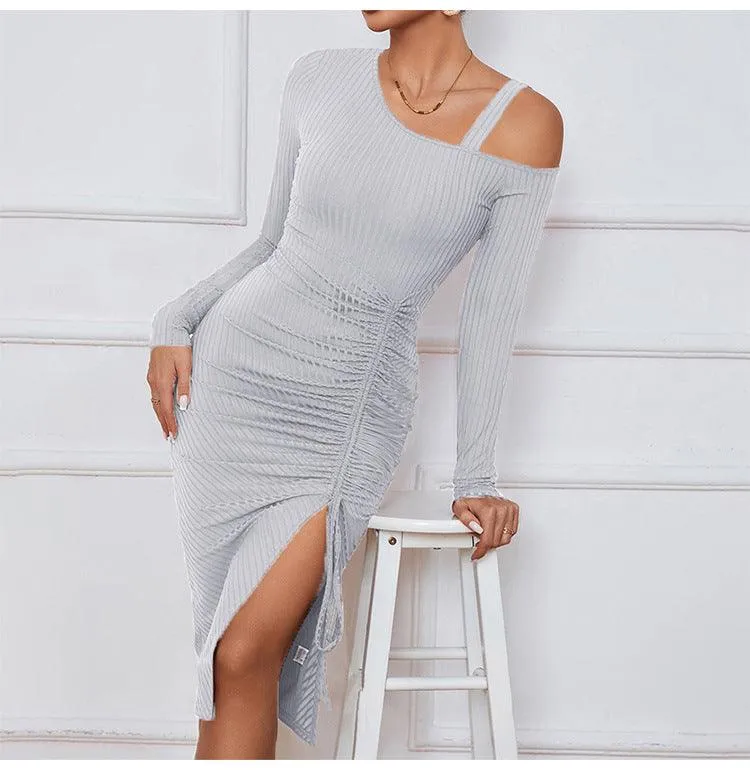 Asymmetric Off-Shoulder Ruched Dress - Slim Fit Fall/Winter