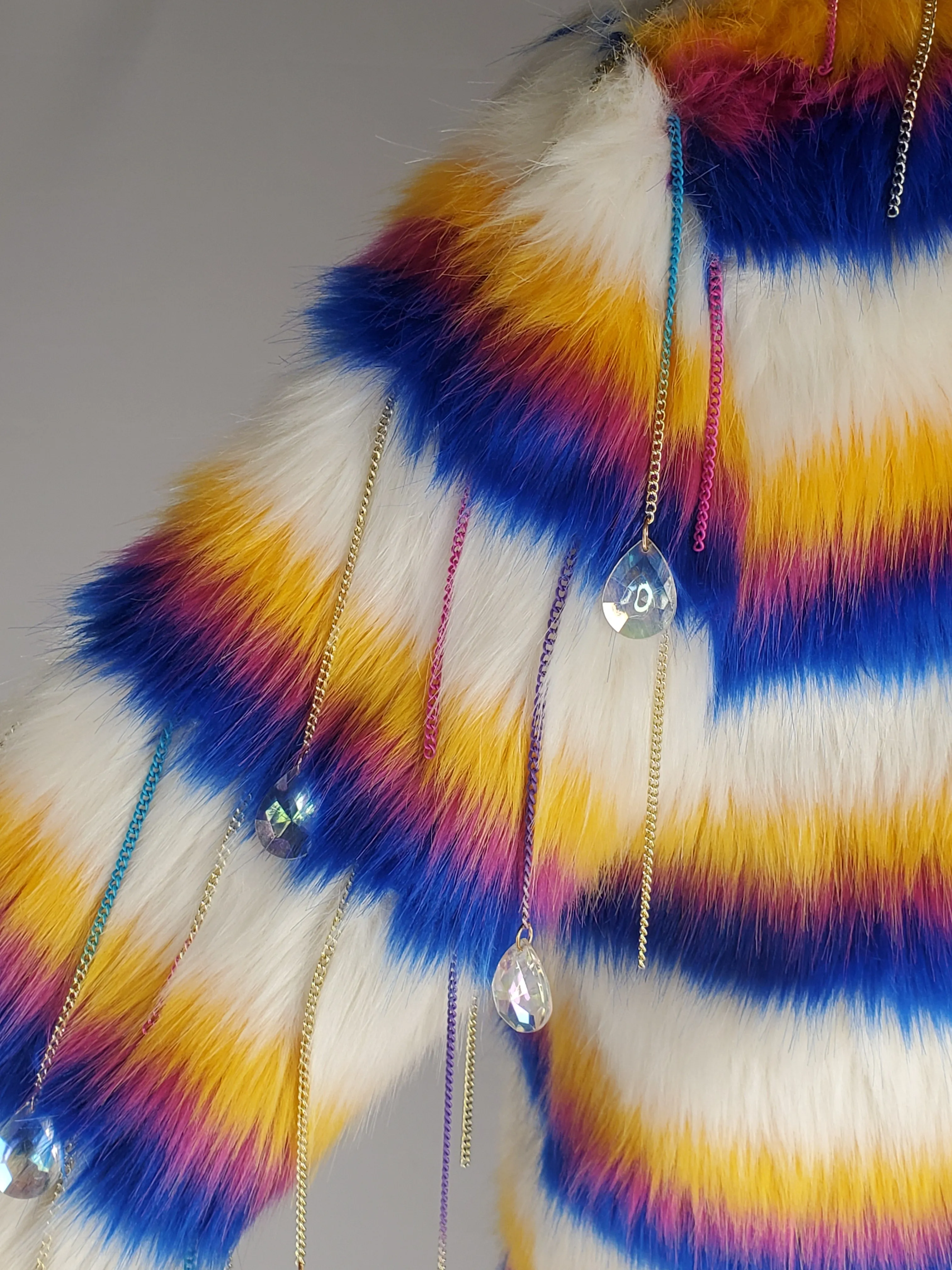 AURORA-Multi-colored Faux Fur Coat with Ombre Chain and Drop Bead Sleeve Details
