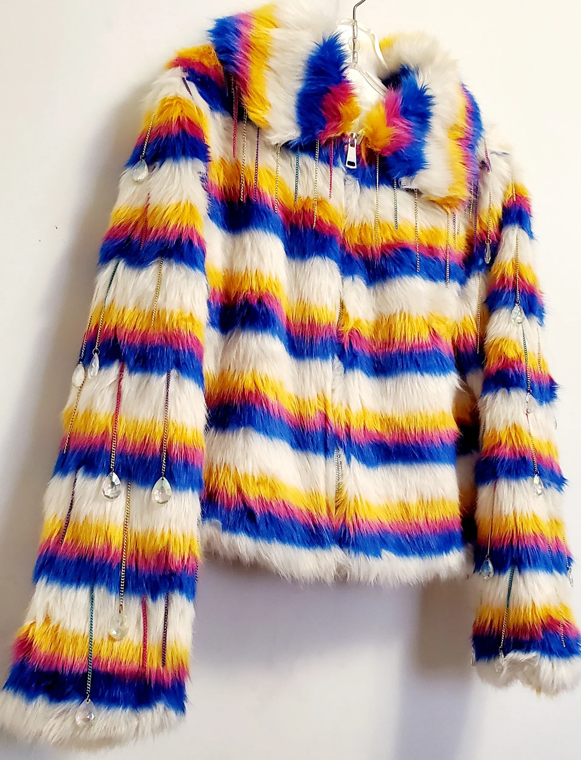 AURORA-Multi-colored Faux Fur Coat with Ombre Chain and Drop Bead Sleeve Details