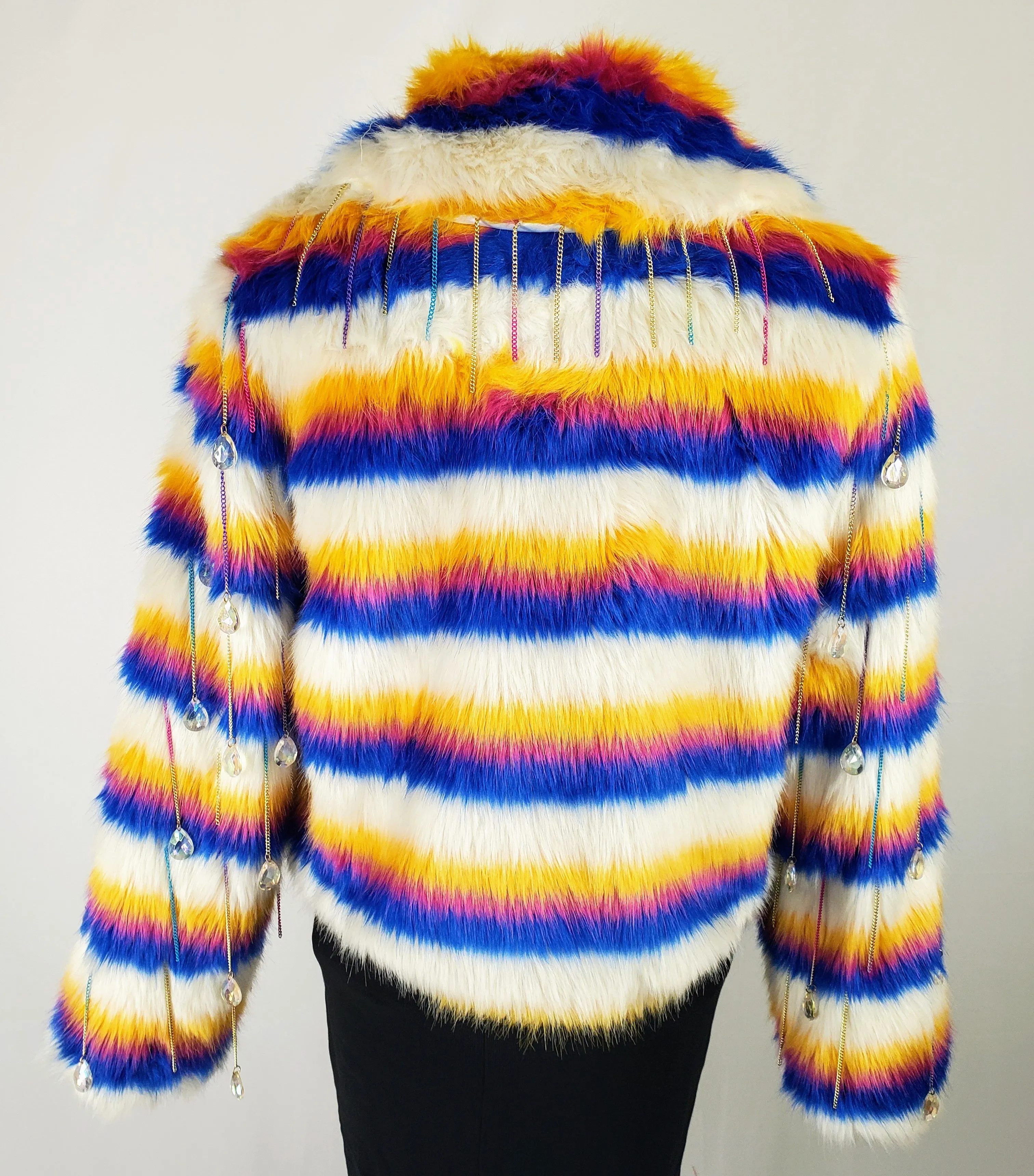 AURORA-Multi-colored Faux Fur Coat with Ombre Chain and Drop Bead Sleeve Details