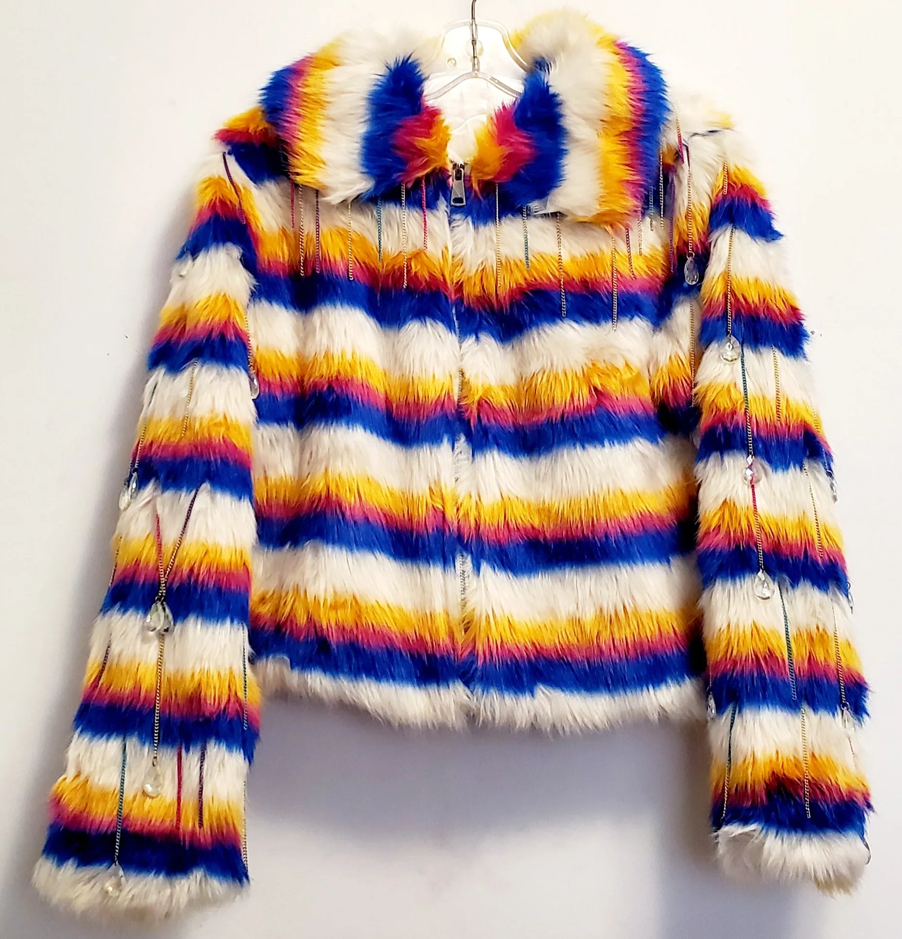 AURORA-Multi-colored Faux Fur Coat with Ombre Chain and Drop Bead Sleeve Details