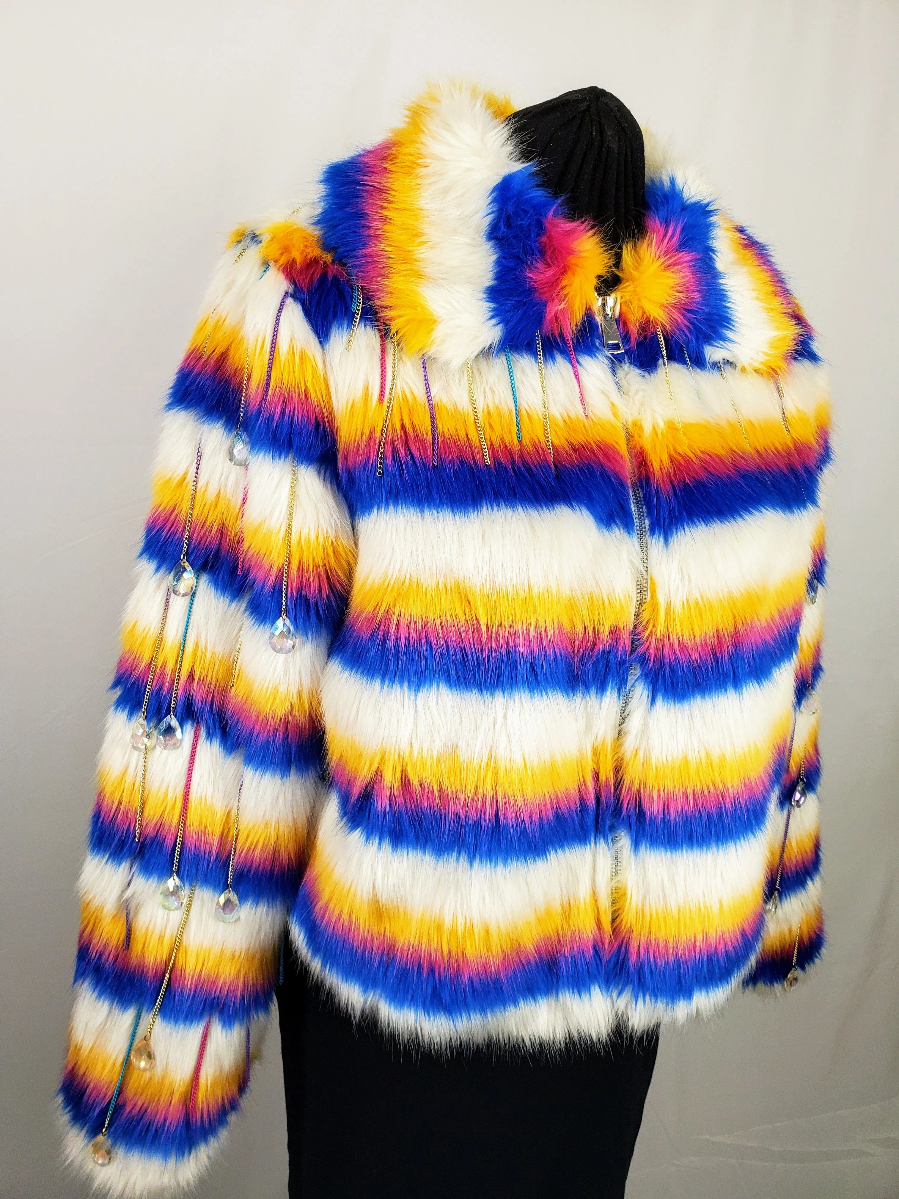 AURORA-Multi-colored Faux Fur Coat with Ombre Chain and Drop Bead Sleeve Details