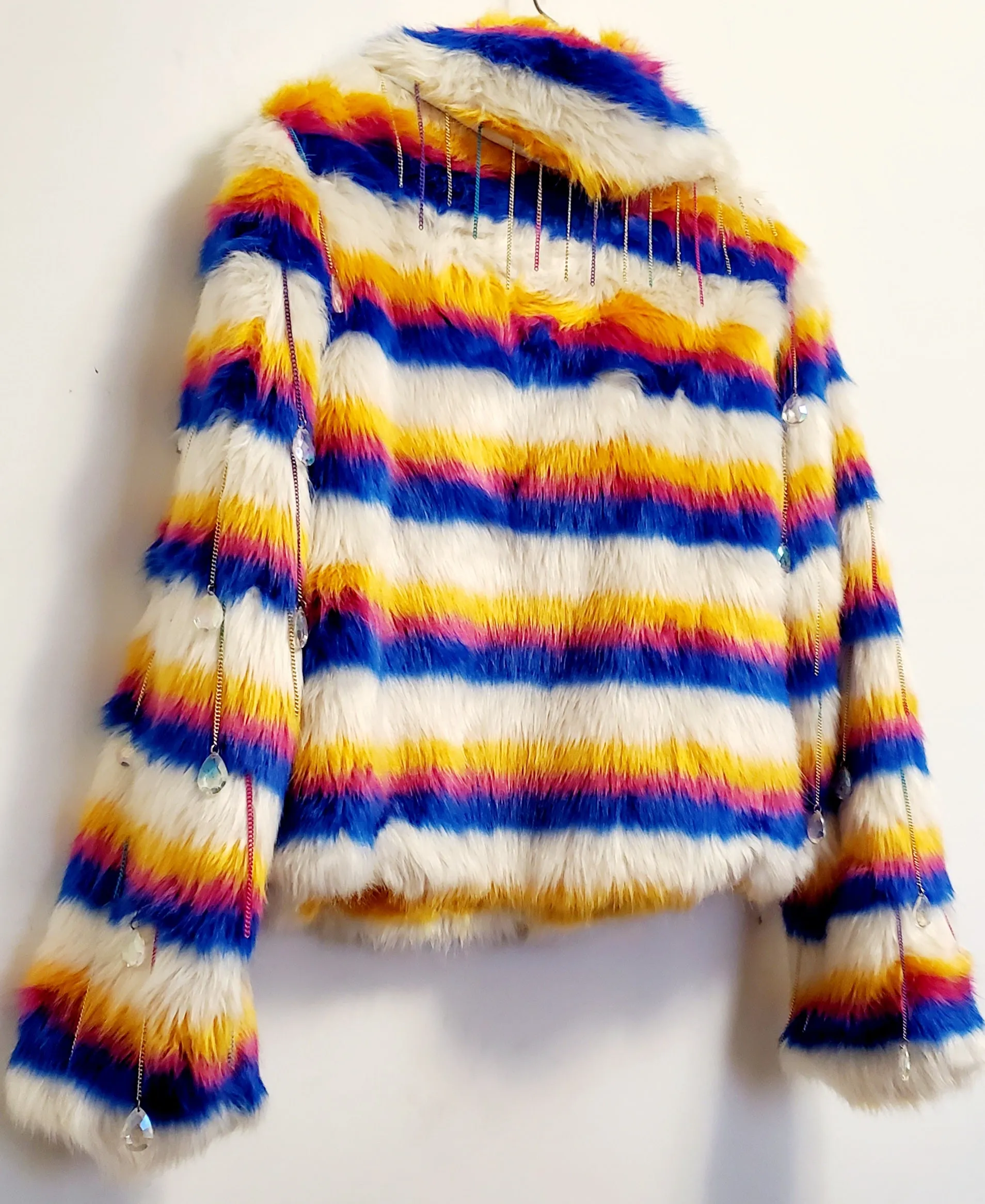 AURORA-Multi-colored Faux Fur Coat with Ombre Chain and Drop Bead Sleeve Details