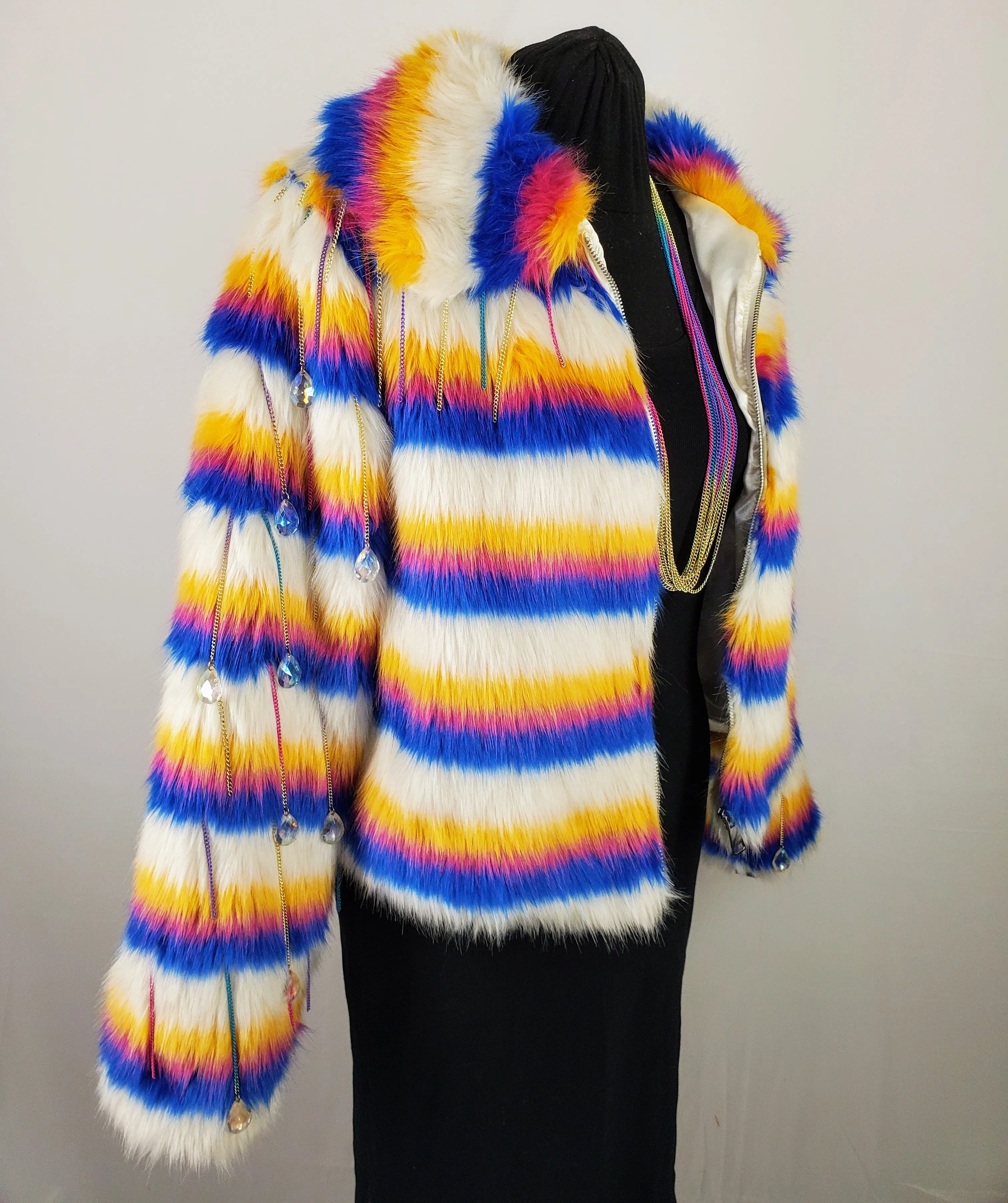 AURORA-Multi-colored Faux Fur Coat with Ombre Chain and Drop Bead Sleeve Details