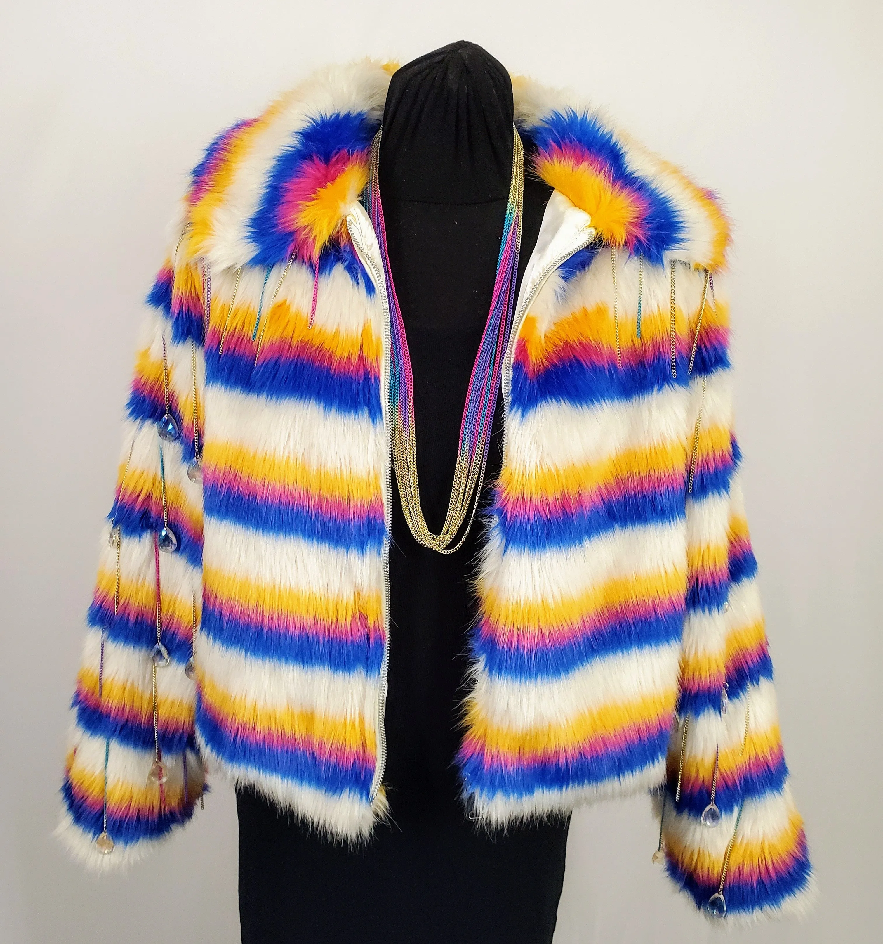 AURORA-Multi-colored Faux Fur Coat with Ombre Chain and Drop Bead Sleeve Details