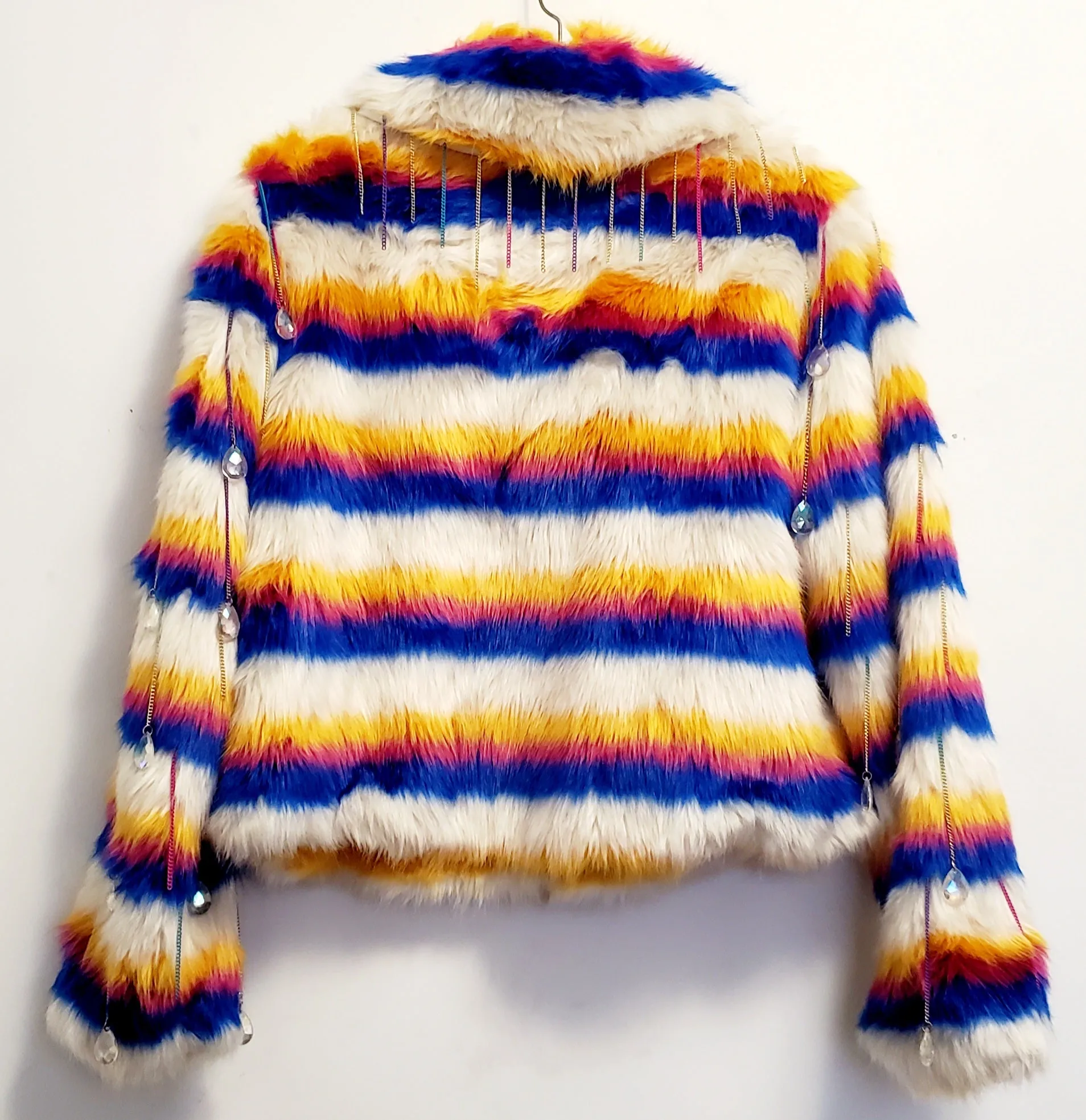 AURORA-Multi-colored Faux Fur Coat with Ombre Chain and Drop Bead Sleeve Details