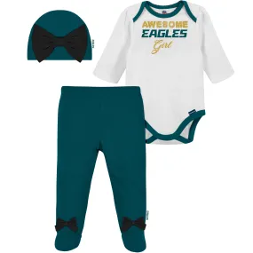 Awesome Eagles Baby Girl Bodysuit, Footed Pant & Cap Set
