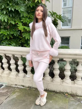 Baby Pink Premium Faux Fur Trim Hood & Cuff Jogger Tracksuit