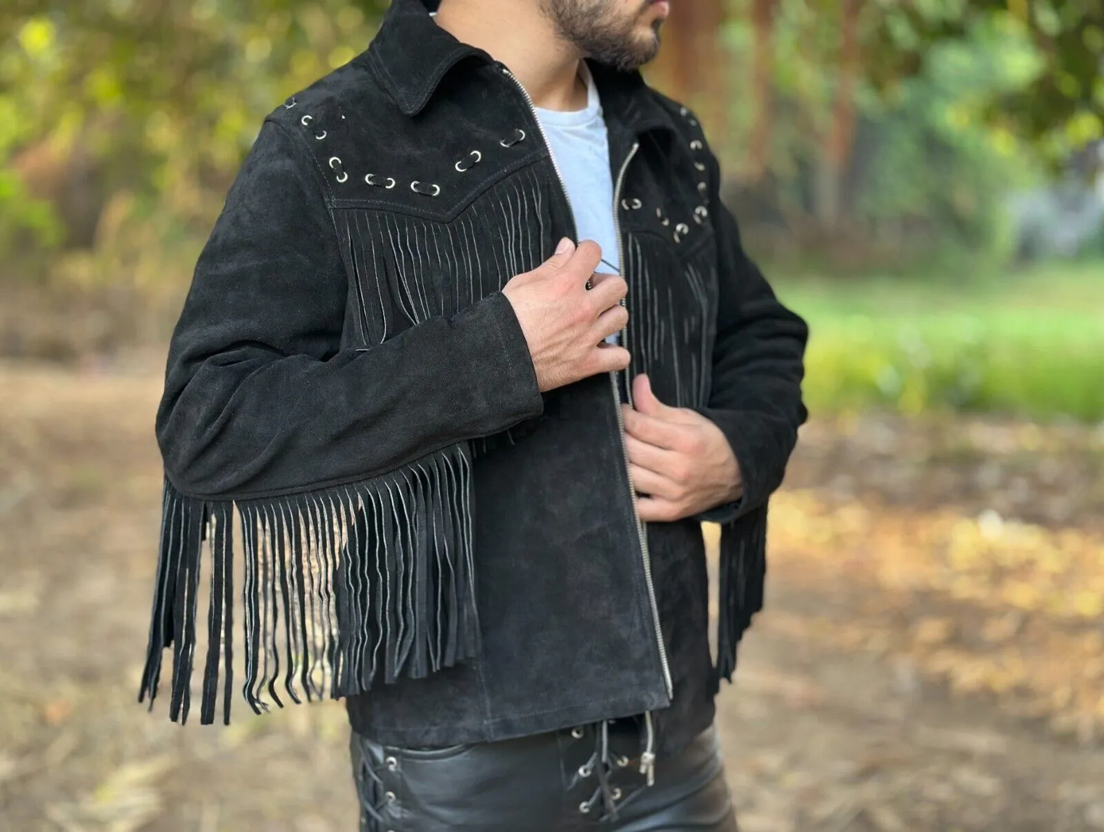 Blackish Genuine Fringe Suede Leather Jacket Men Biker Motorcycle Black
