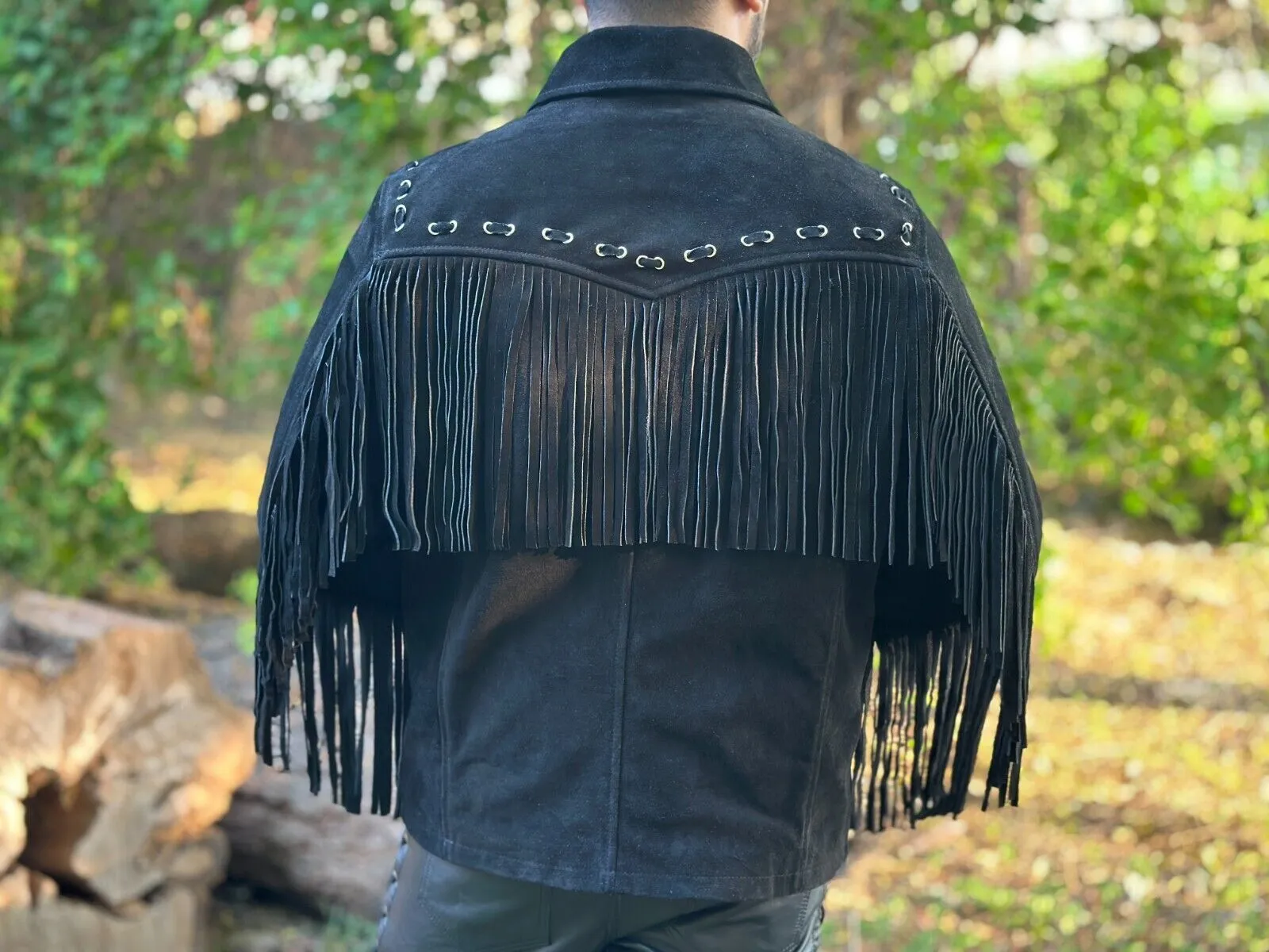 Blackish Genuine Fringe Suede Leather Jacket Men Biker Motorcycle Black