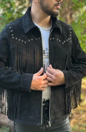 Blackish Genuine Fringe Suede Leather Jacket Men Biker Motorcycle Black