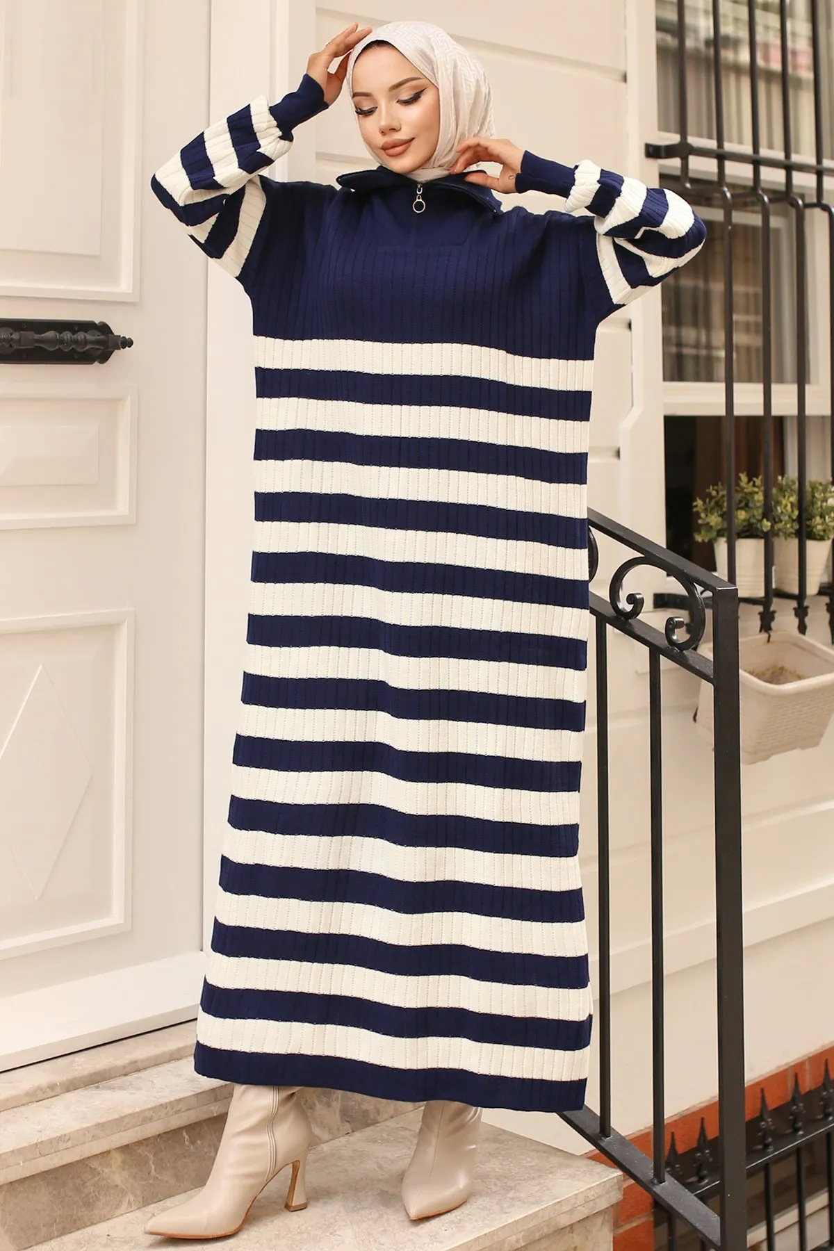 BNG Women Navy Blue Striped Sweater Dress with 15 Threads - Clermont