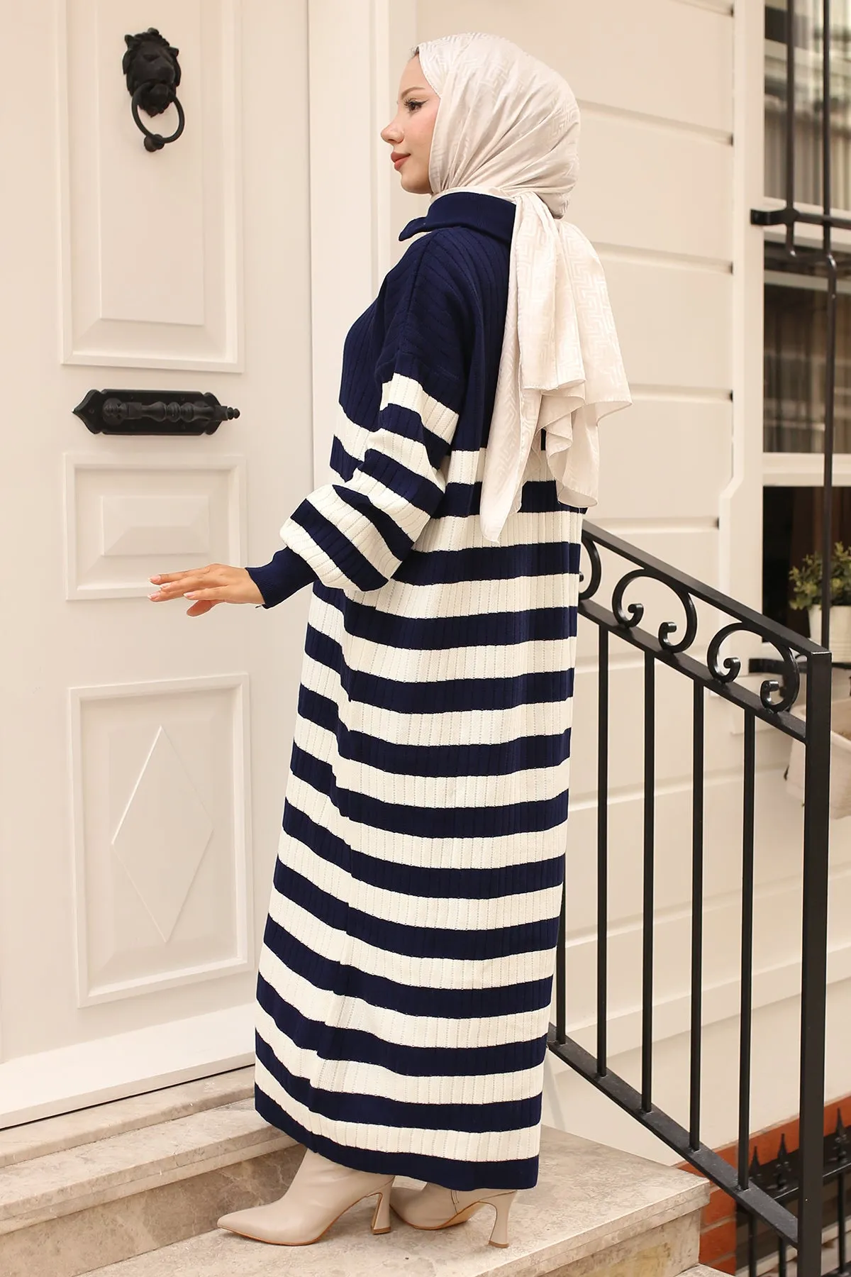 BNG Women Navy Blue Striped Sweater Dress with 15 Threads - Clermont