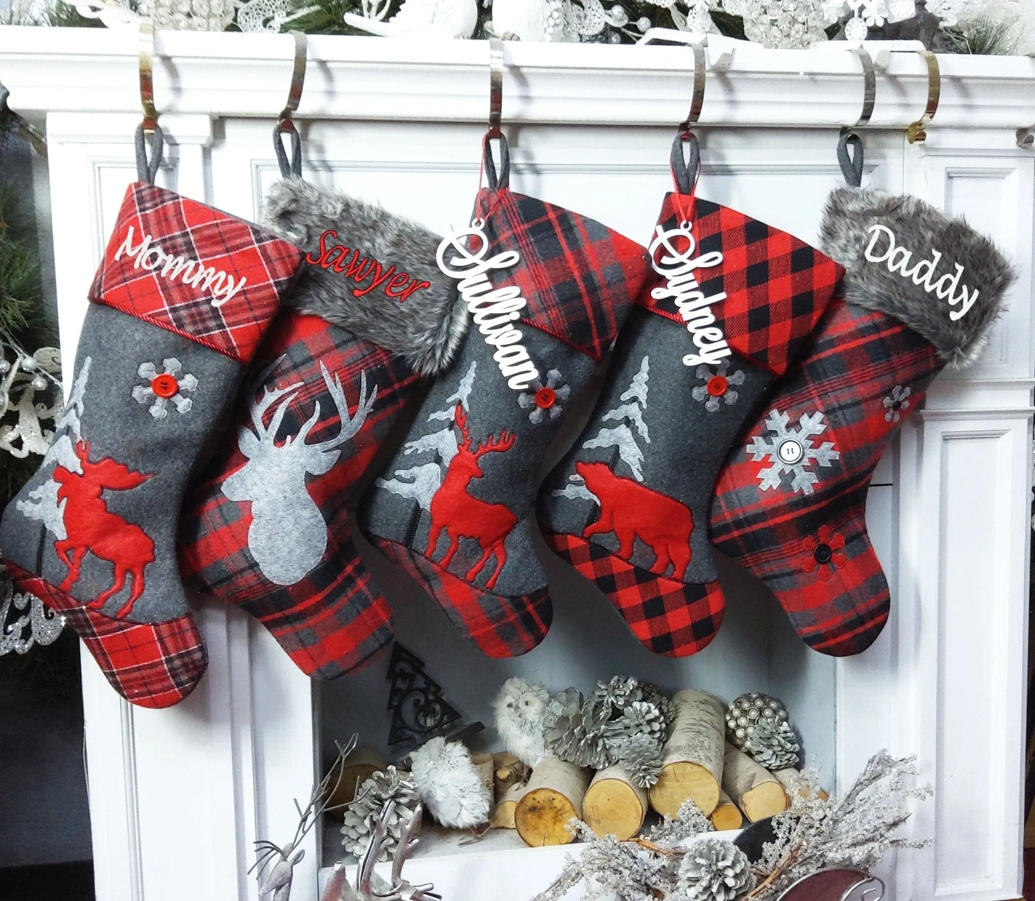 Buffalo Check Plaid Christmas Stockings - Red Black Grey with Faux Fur - Personalized
