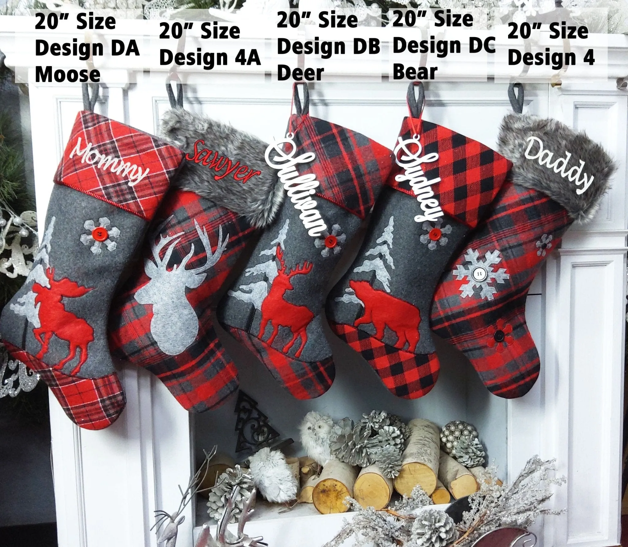 Buffalo Check Plaid Christmas Stockings - Red Black Grey with Faux Fur - Personalized