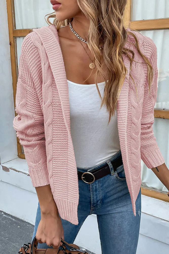 Cable Knit Open Front Cardigan With Hood
