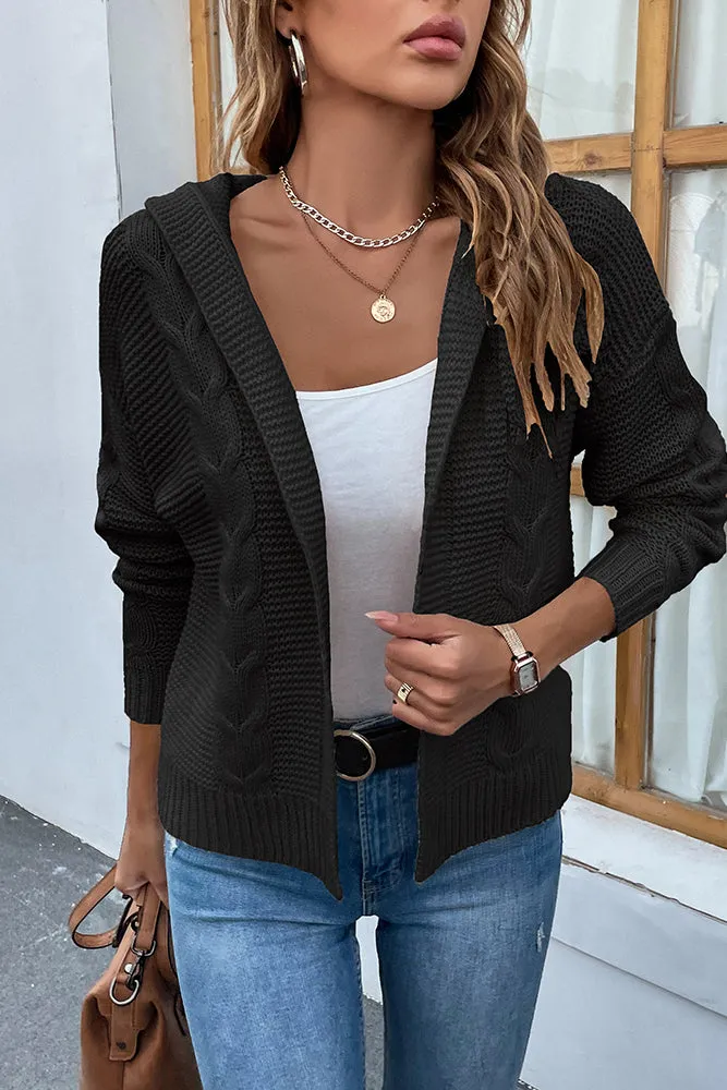 Cable Knit Open Front Cardigan With Hood