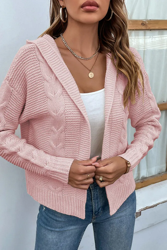 Cable Knit Open Front Cardigan With Hood