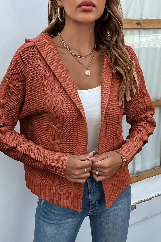 Cable Knit Open Front Cardigan With Hood