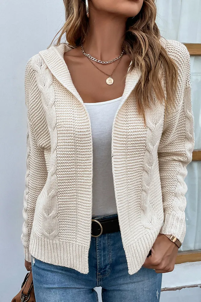 Cable Knit Open Front Cardigan With Hood
