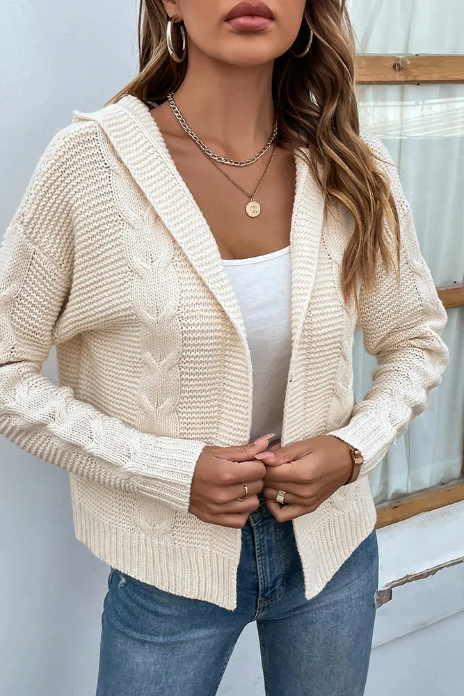 Cable Knit Open Front Cardigan With Hood