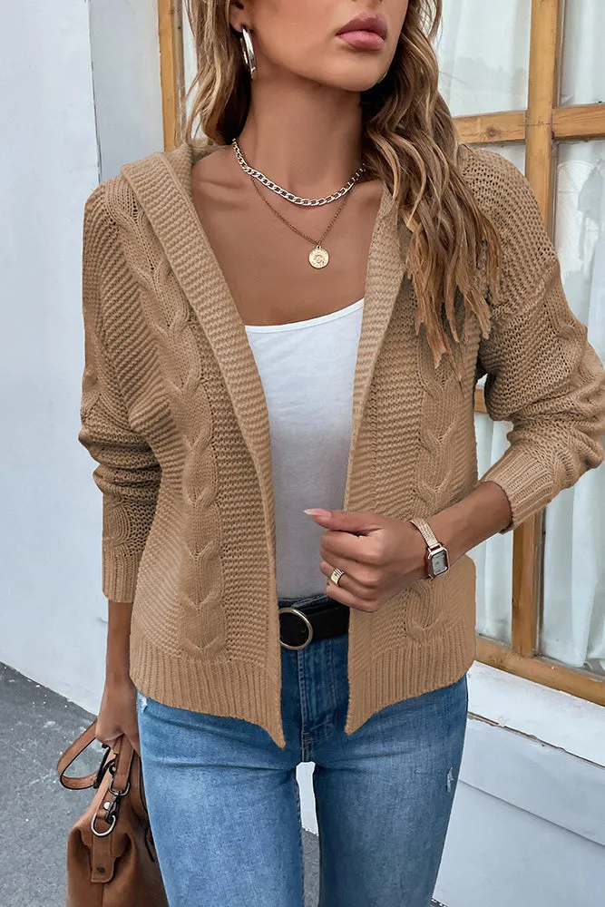 Cable Knit Open Front Cardigan With Hood