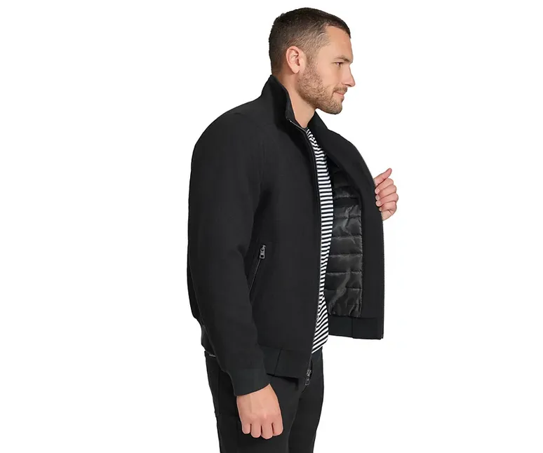Calvin Klein Men's Wool Bomber Jacket With Knit Trim Black Medium