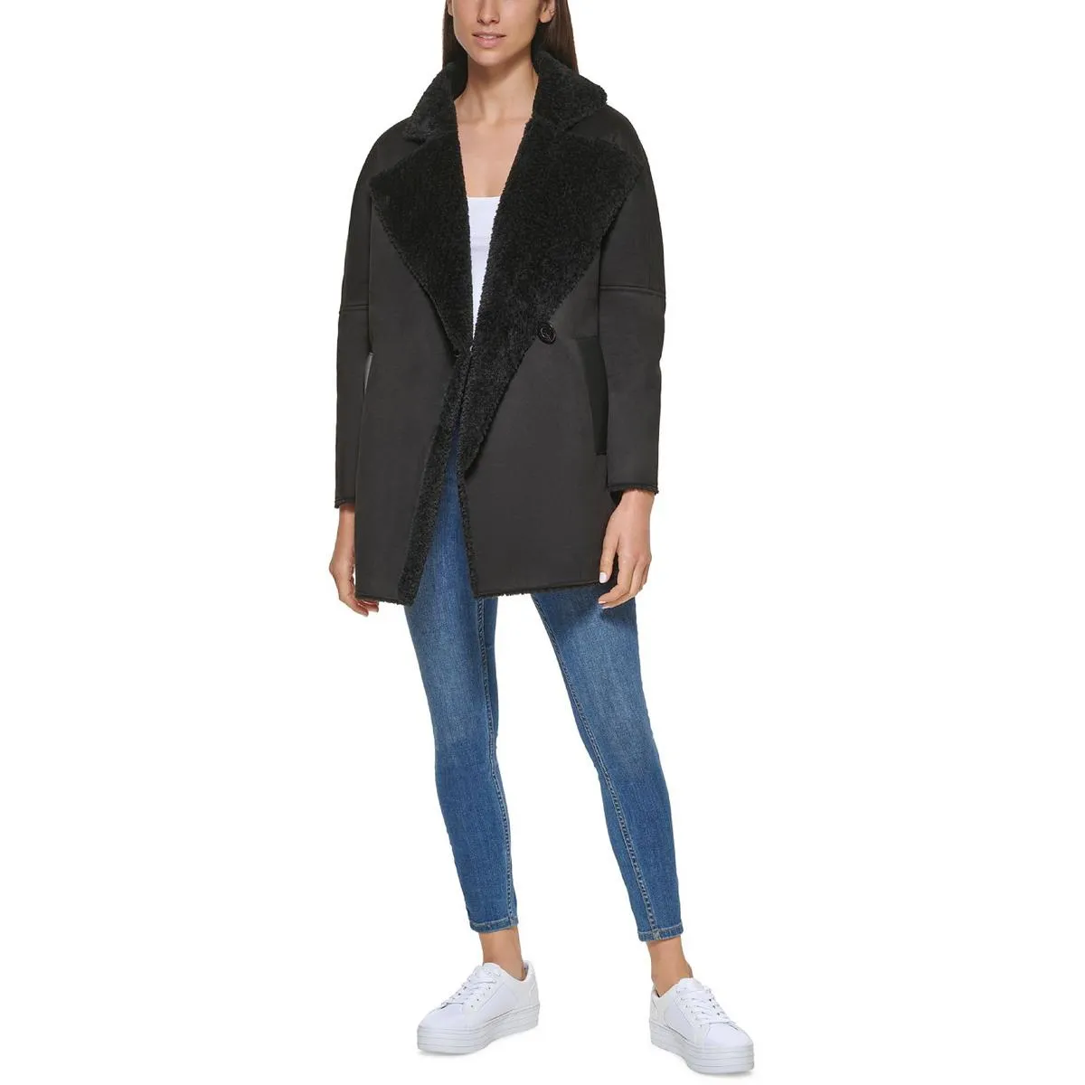Calvin Klein Womens Midi Warm Faux Fur Coat