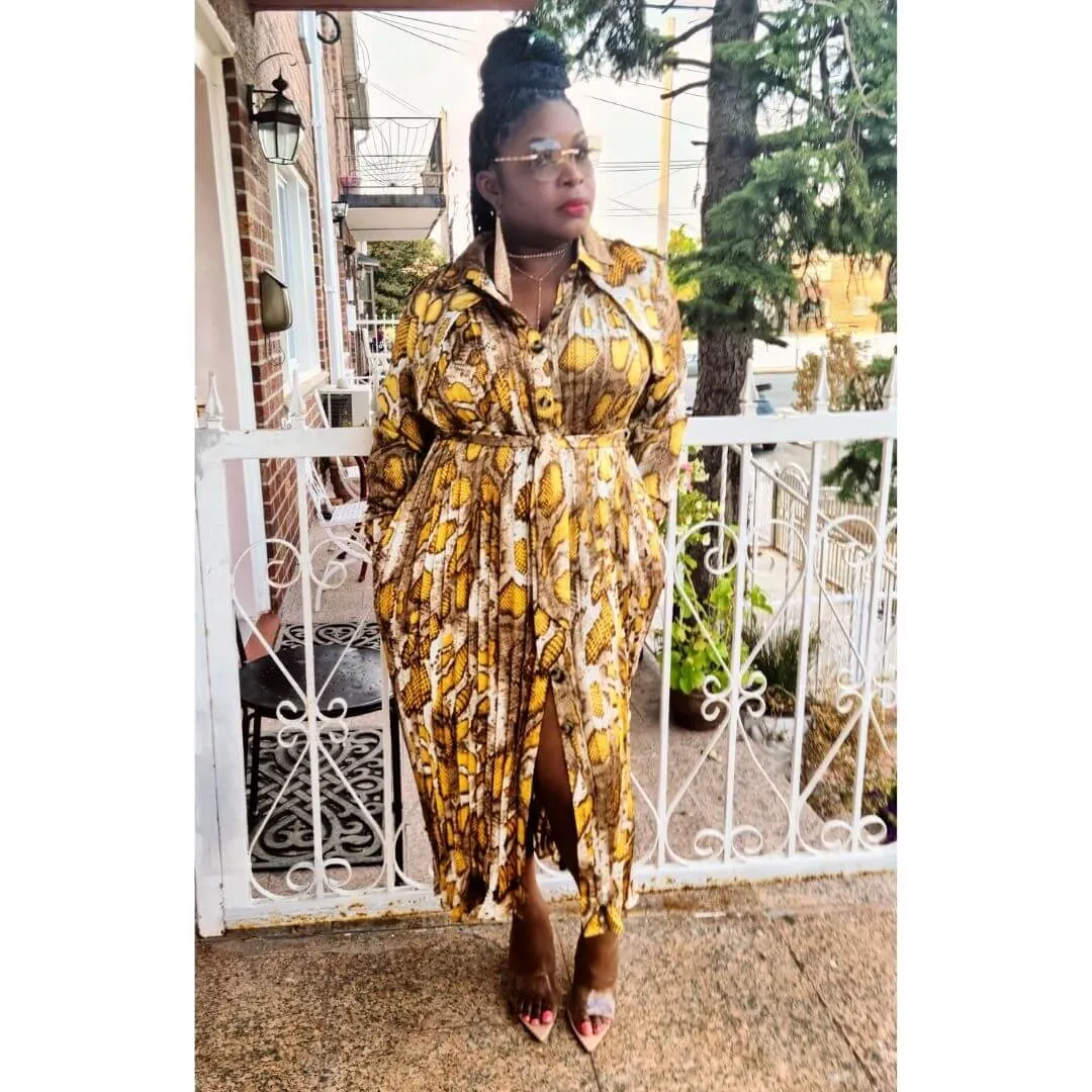 Cambodia Mustard Snake Print Trench Dress