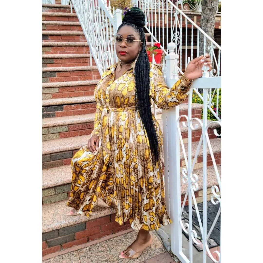 Cambodia Mustard Snake Print Trench Dress