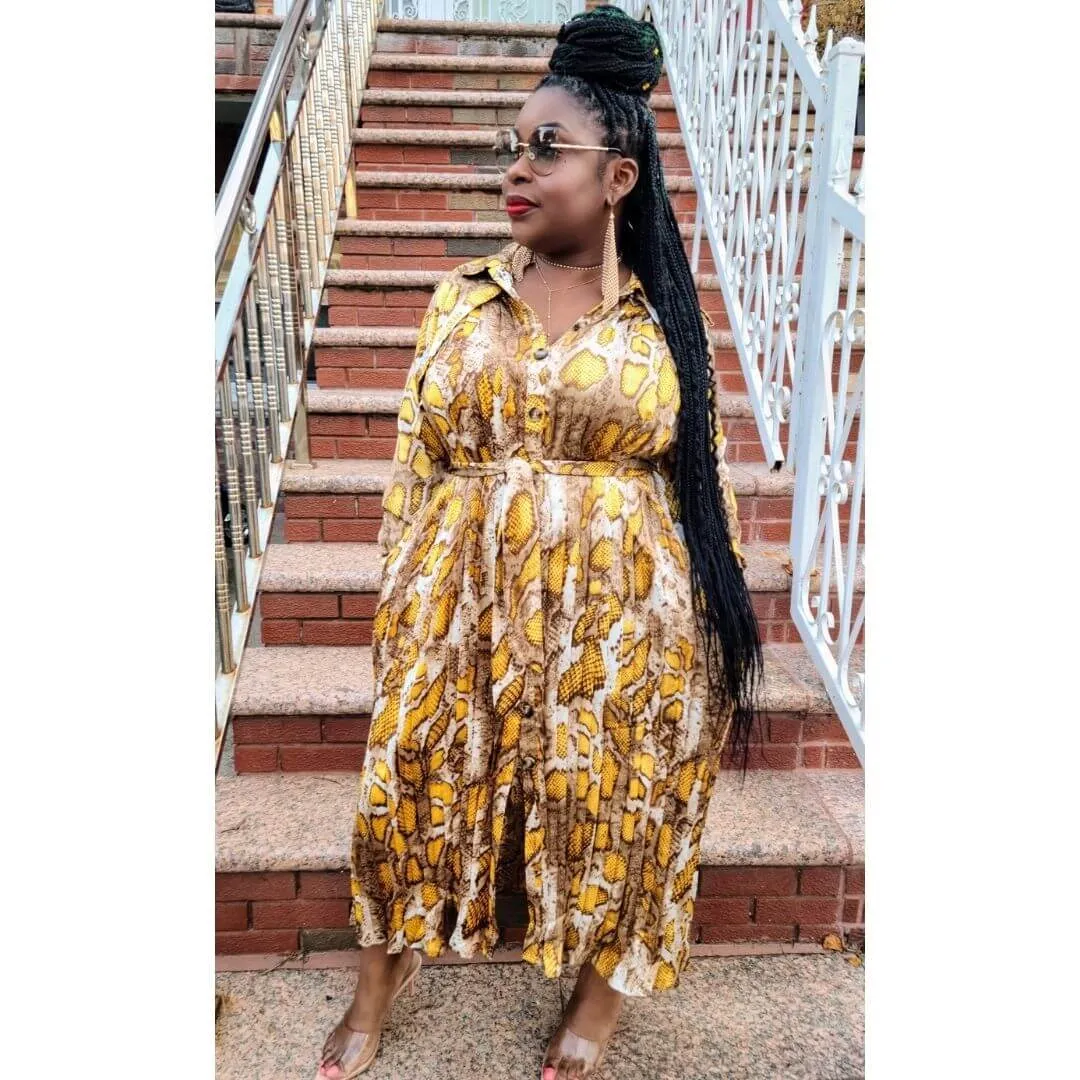 Cambodia Mustard Snake Print Trench Dress