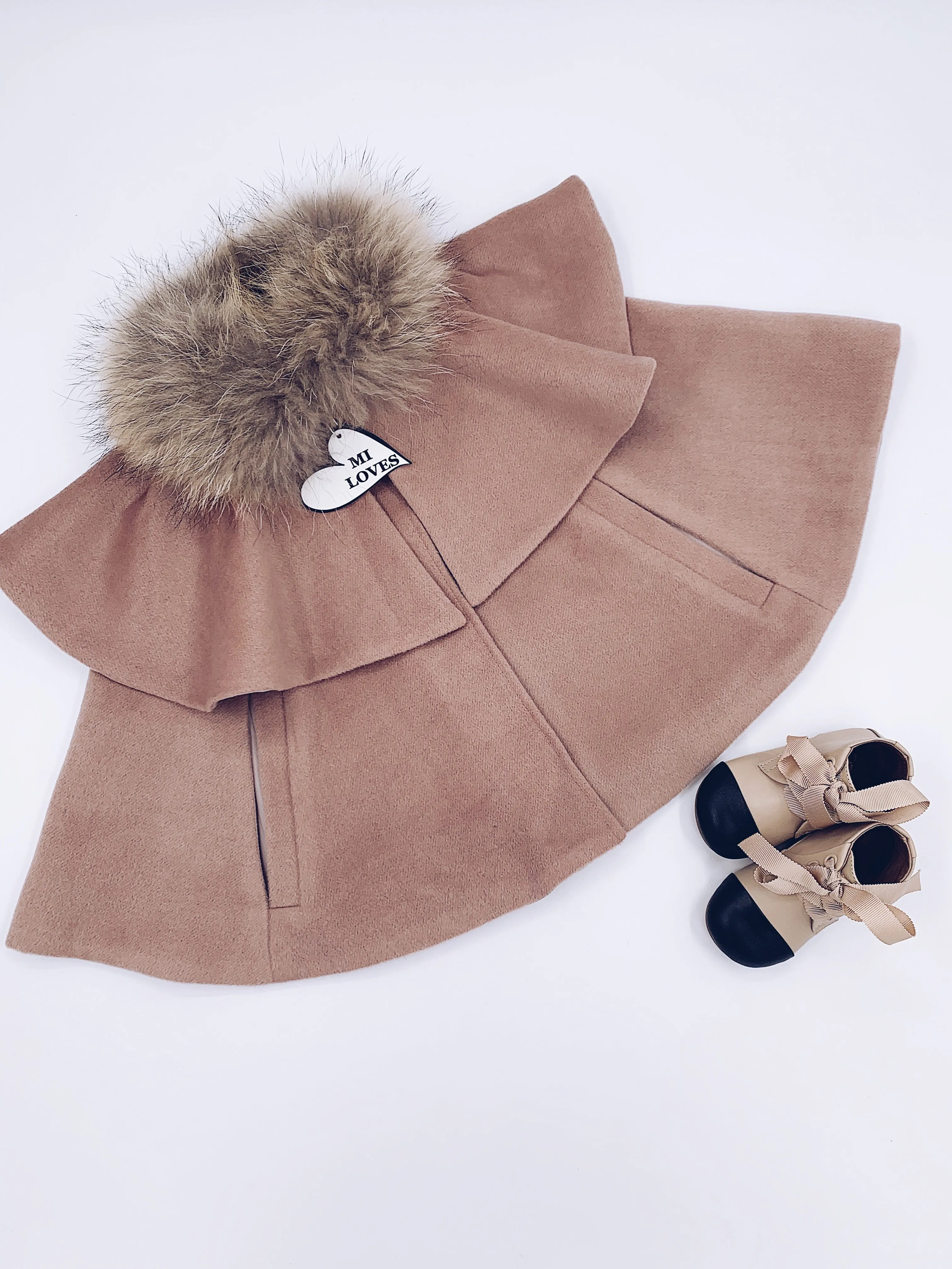 CAPPUCCINO MI LOVES SIGNATURE LUXURIOUS CASHMERE CAPE WITH RACOON FUR TRIM!!