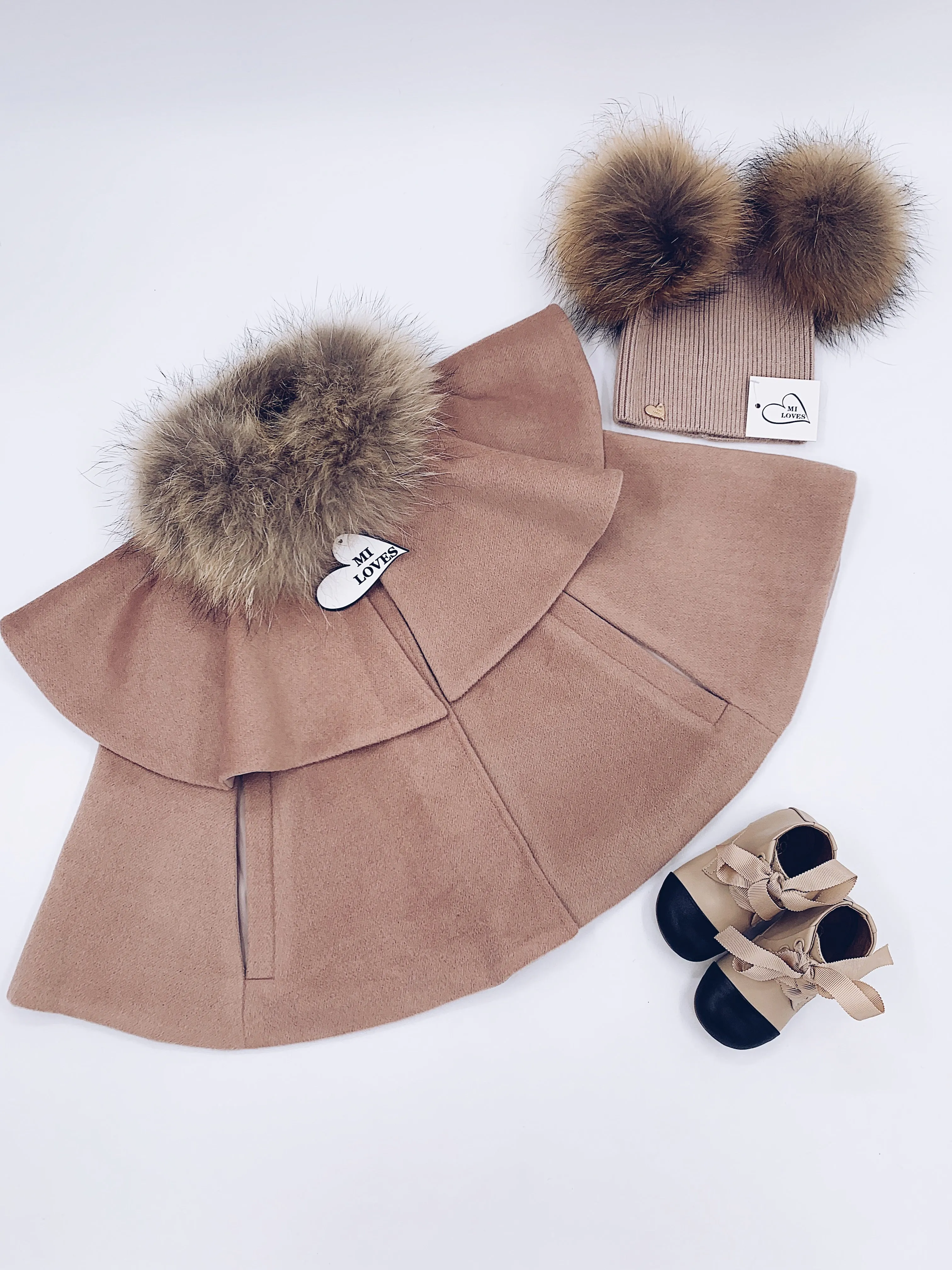 CAPPUCCINO MI LOVES SIGNATURE LUXURIOUS CASHMERE CAPE WITH RACOON FUR TRIM!!