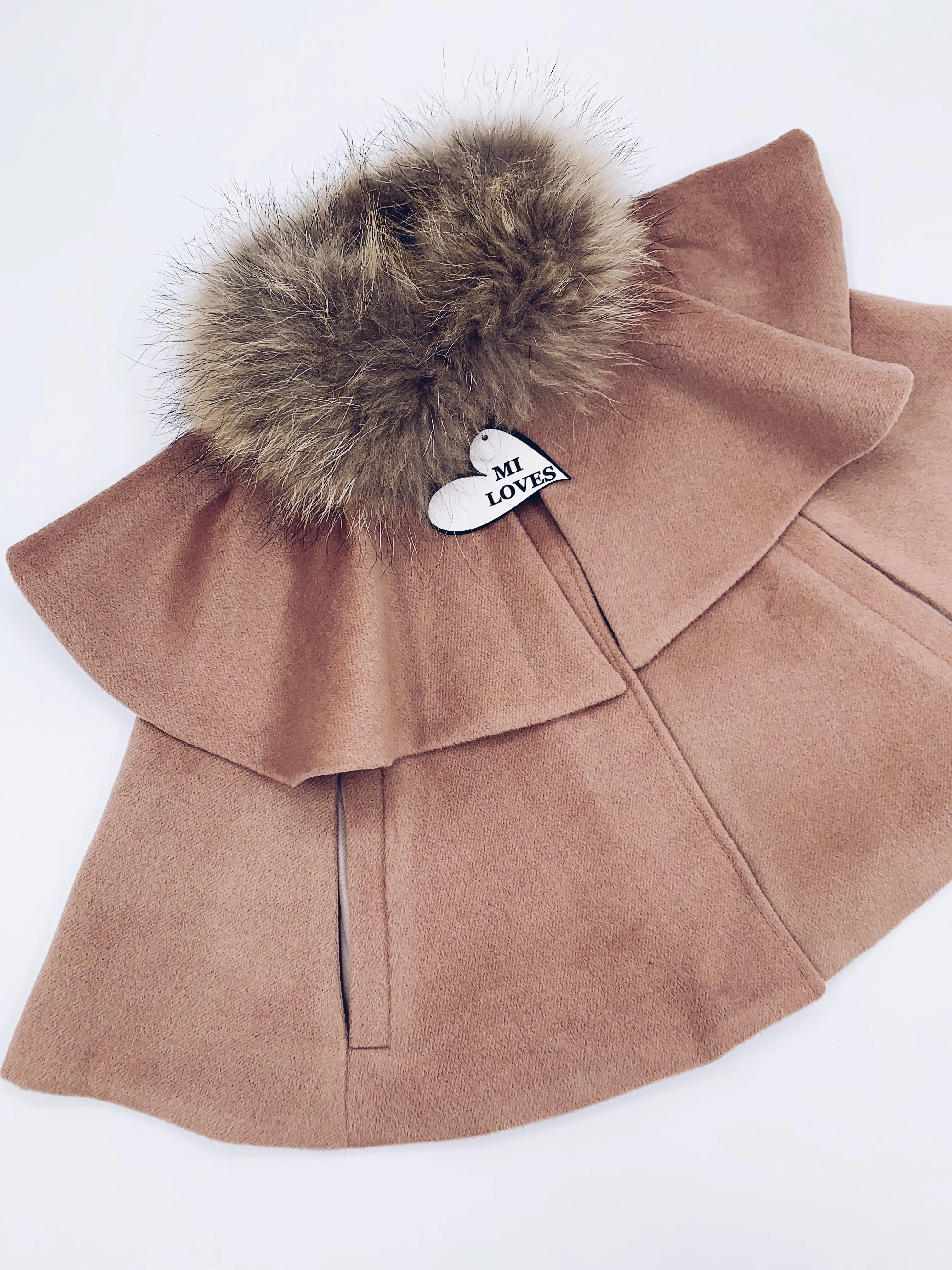 CAPPUCCINO MI LOVES SIGNATURE LUXURIOUS CASHMERE CAPE WITH RACOON FUR TRIM!!