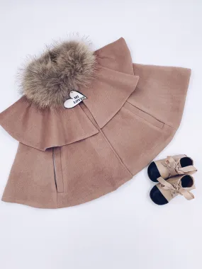 CAPPUCCINO MI LOVES SIGNATURE LUXURIOUS CASHMERE CAPE WITH RACOON FUR TRIM!!