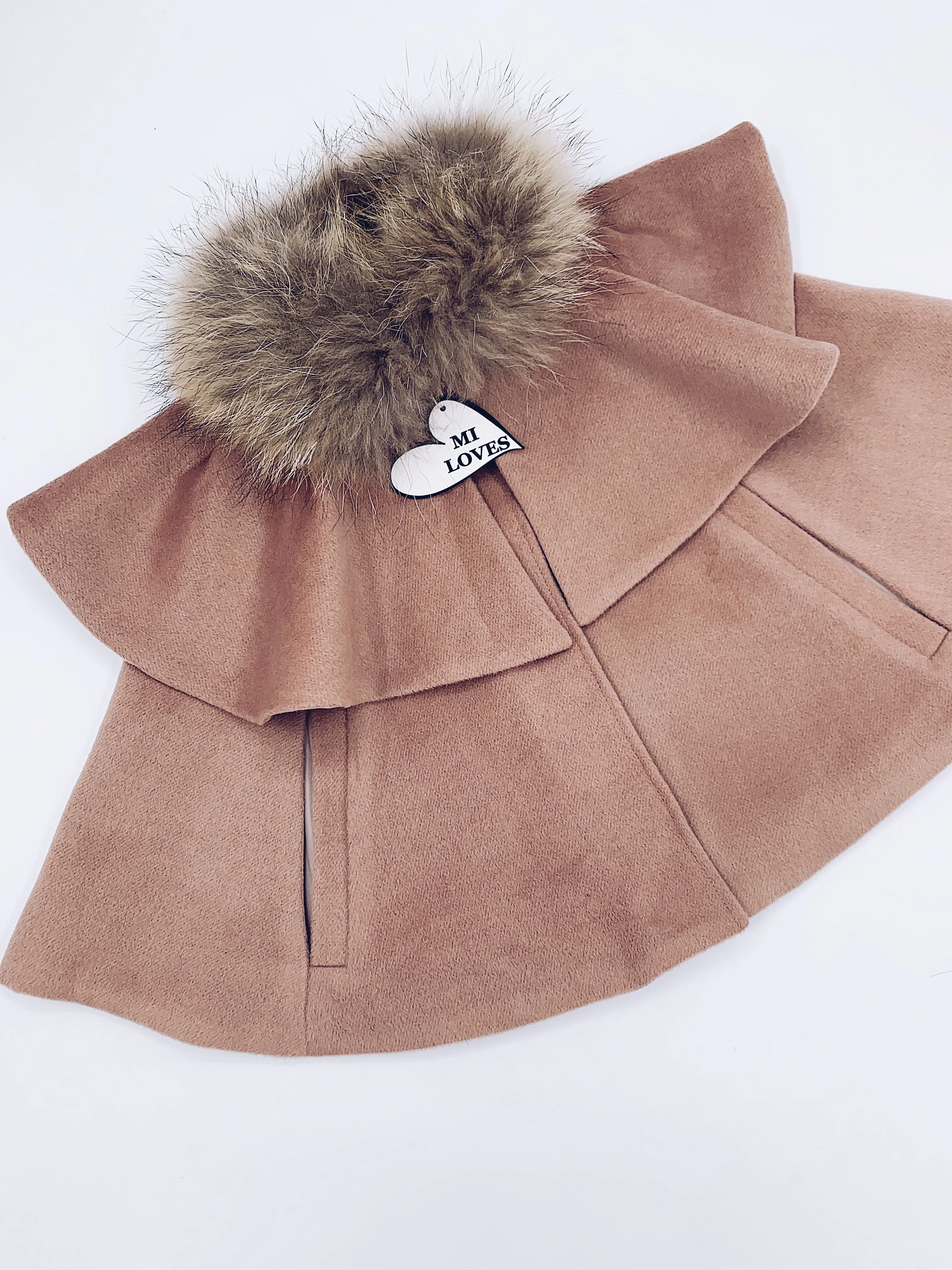 CAPPUCCINO MI LOVES SIGNATURE LUXURIOUS CASHMERE CAPE WITH RACOON FUR TRIM!!