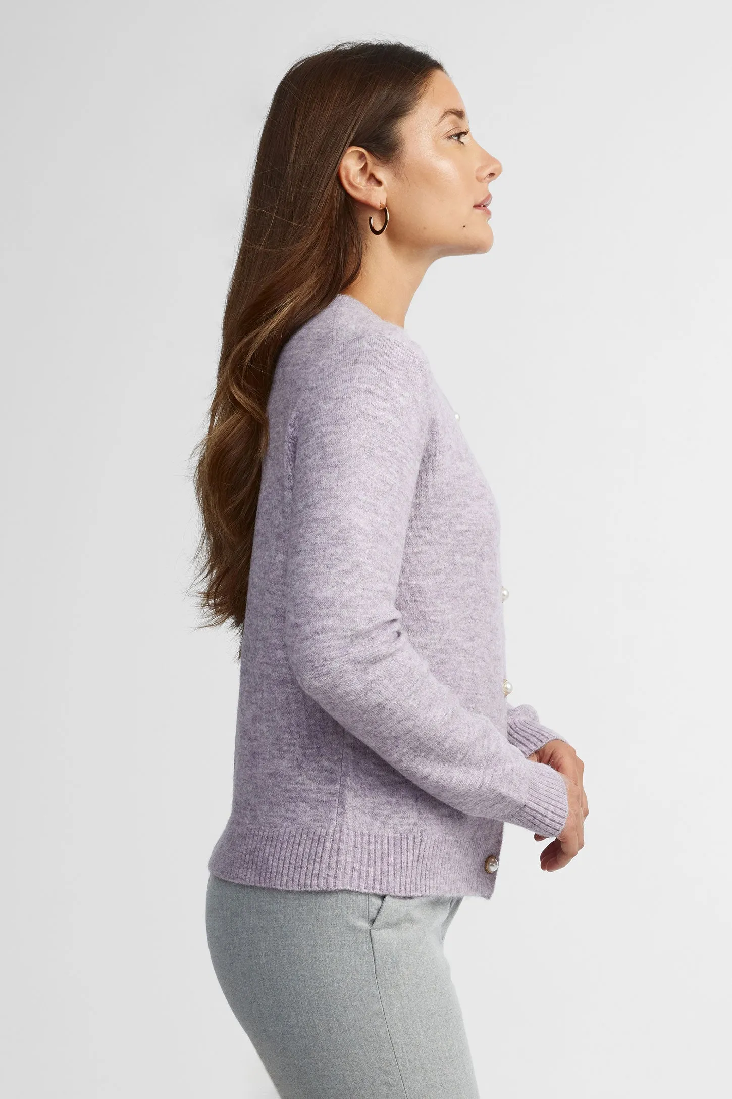 Cardigan tricot col rond boutons perles - Femme